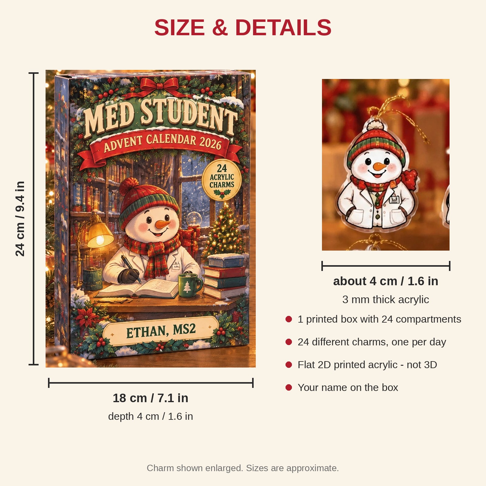 Personalized Med Student Snowman advent calendar box with 24 flat acrylic Christmas charms: box and charm sizes