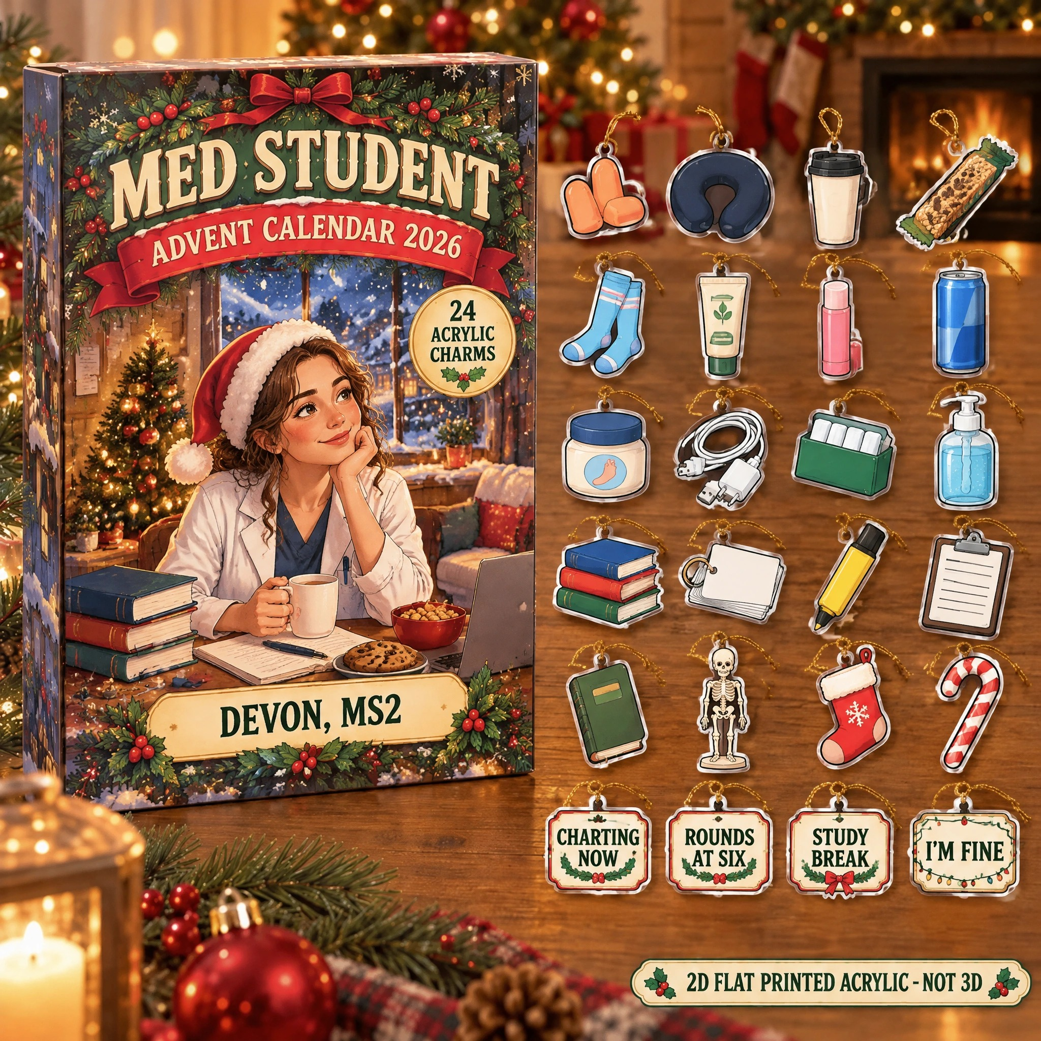 Personalized Med Student Survival Kit advent calendar box with 24 flat acrylic Christmas charms