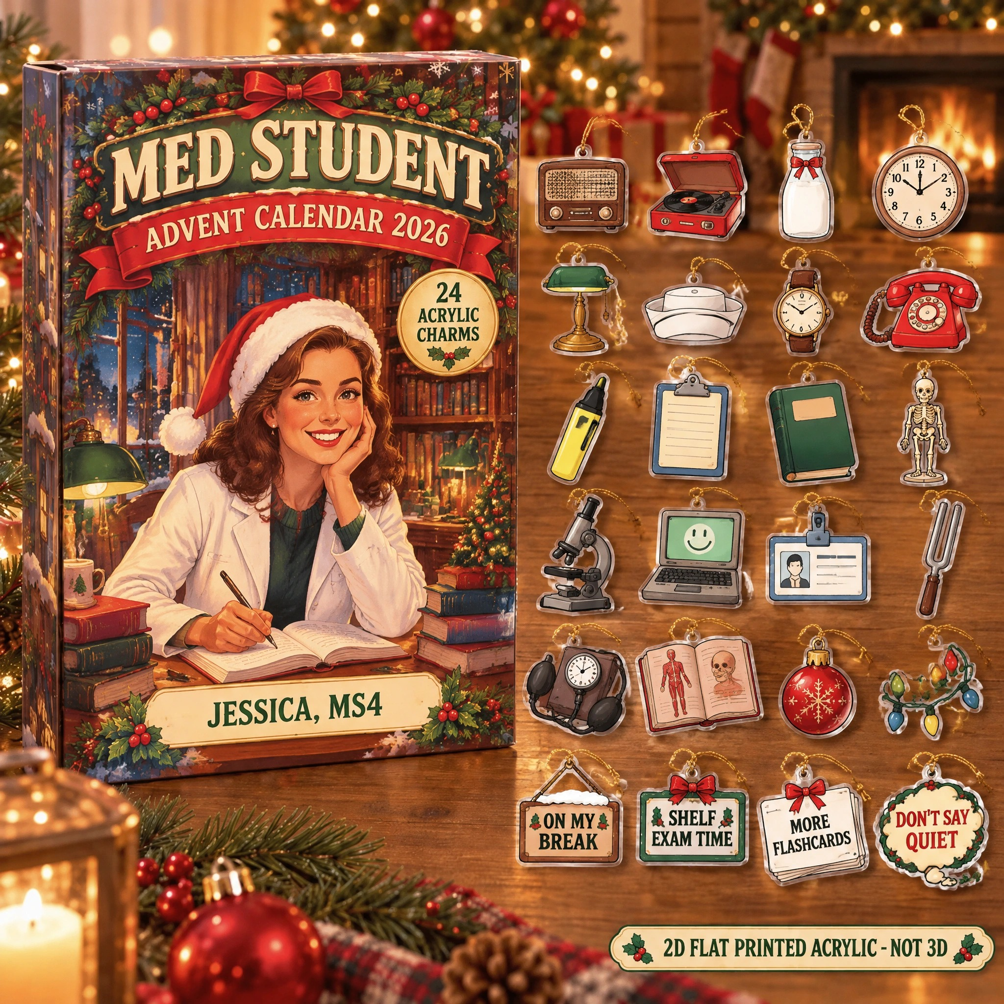 Personalized Vintage Retro Med Student advent calendar box with 24 flat acrylic Christmas charms
