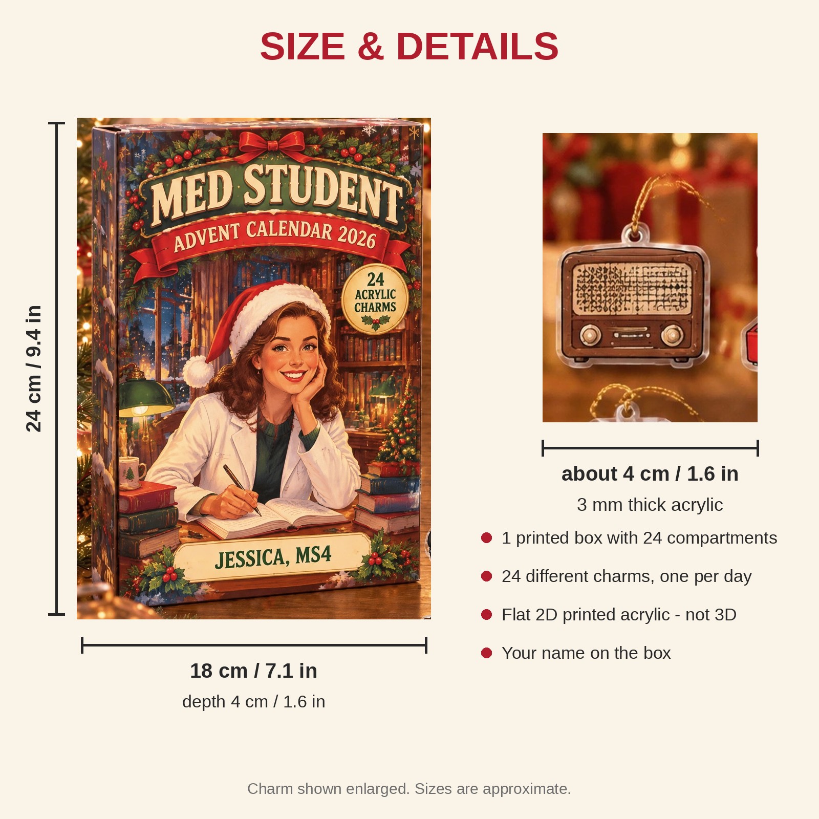 Personalized Vintage Retro Med Student advent calendar box with 24 flat acrylic Christmas charms: box and charm sizes