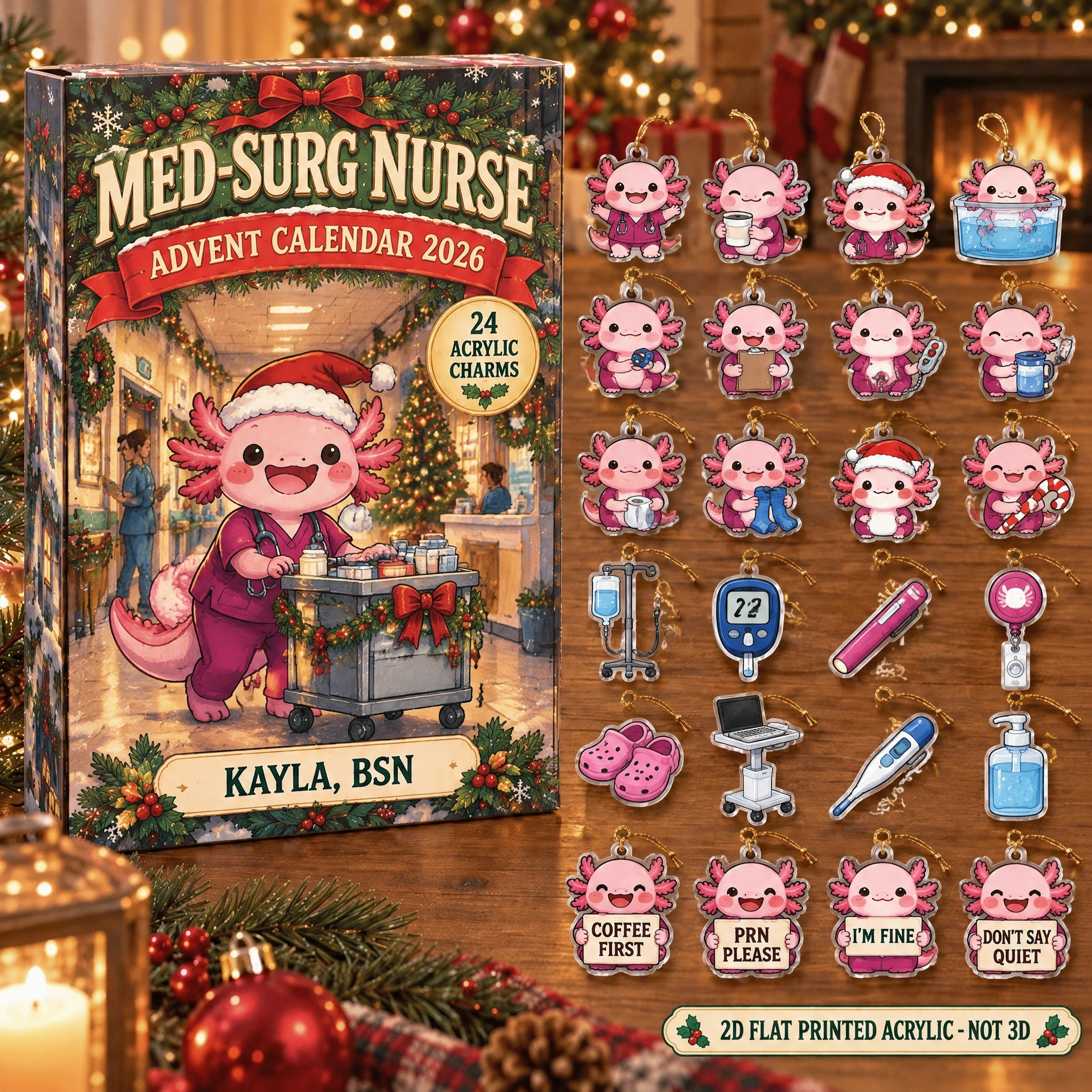 Personalized Med-Surg Nurse Axolotl advent calendar box with 24 flat acrylic Christmas charms