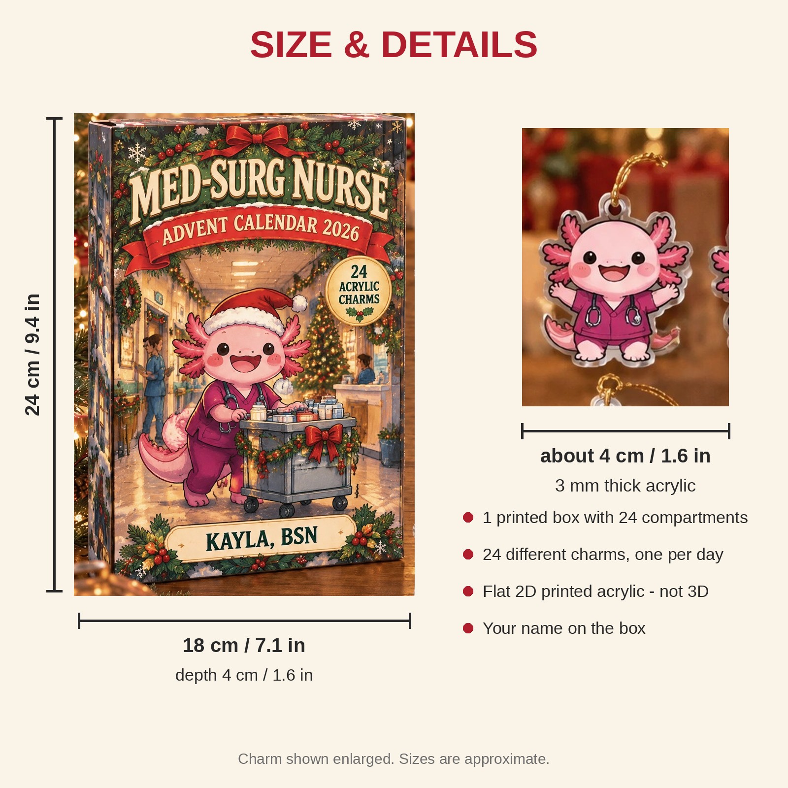 Personalized Med-Surg Nurse Axolotl advent calendar box with 24 flat acrylic Christmas charms: box and charm sizes