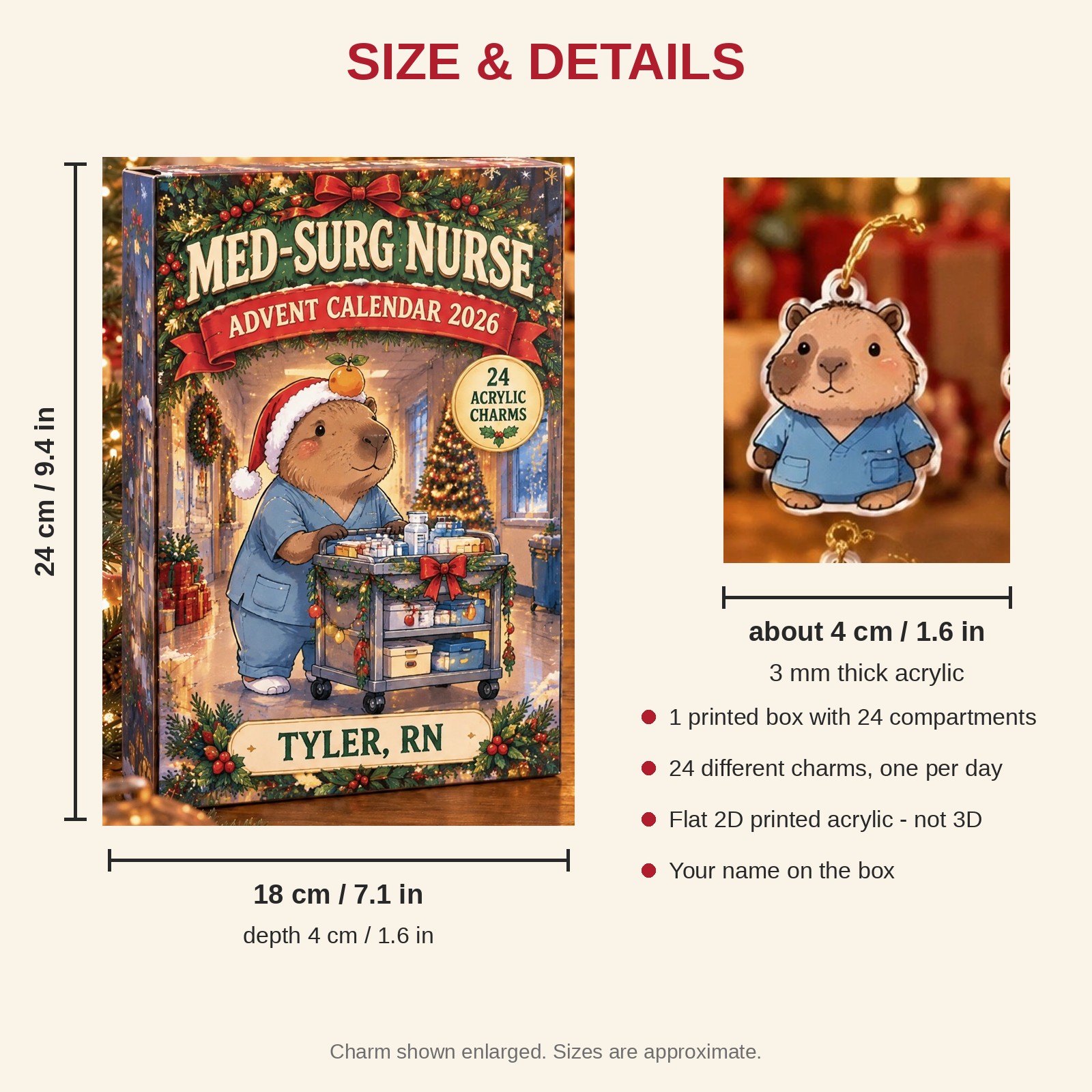Personalized Med-Surg Nurse Capybara advent calendar box with 24 flat acrylic Christmas charms: box and charm sizes