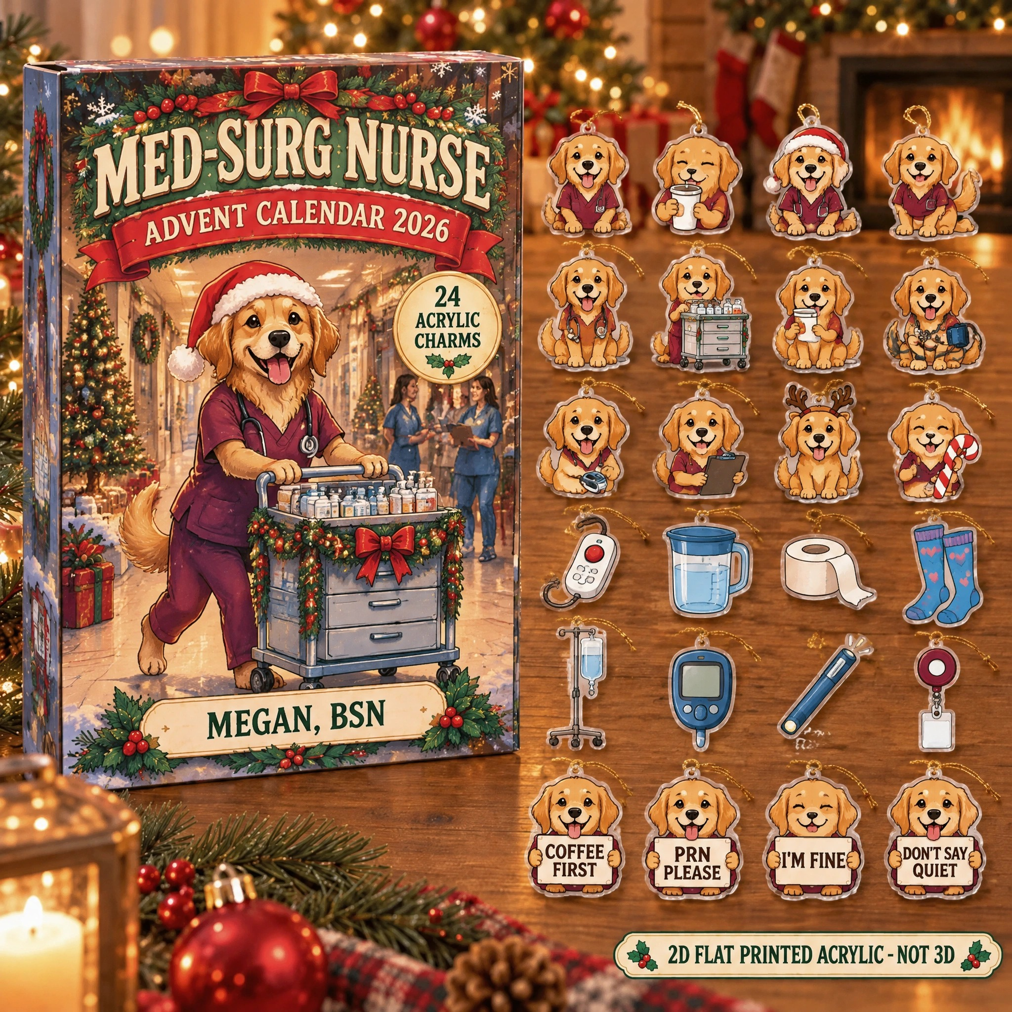 Personalized Med-Surg Nurse Dog advent calendar box with 24 flat acrylic Christmas charms