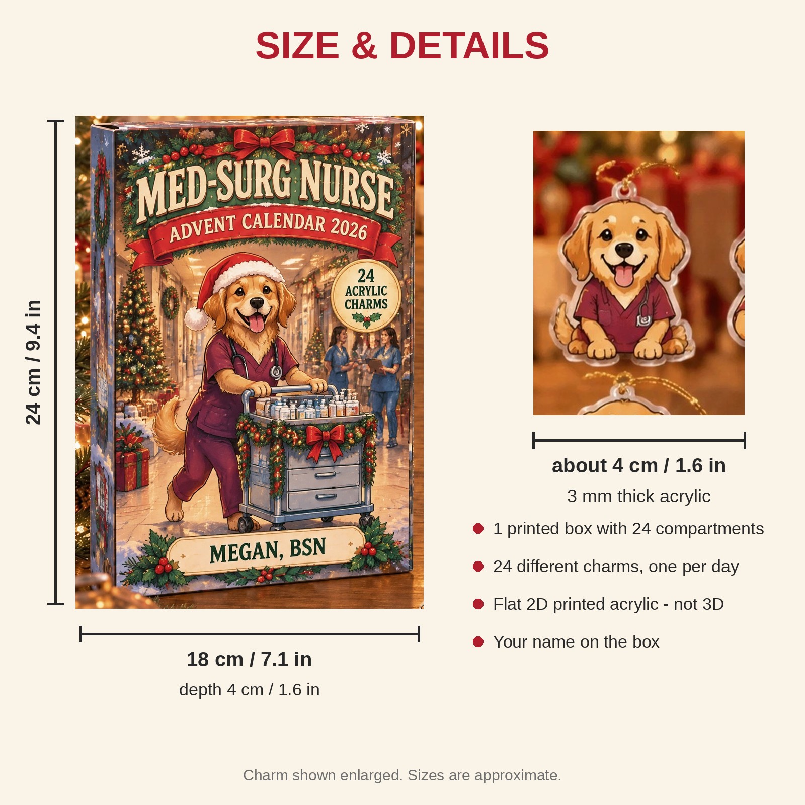 Personalized Med-Surg Nurse Dog advent calendar box with 24 flat acrylic Christmas charms: box and charm sizes