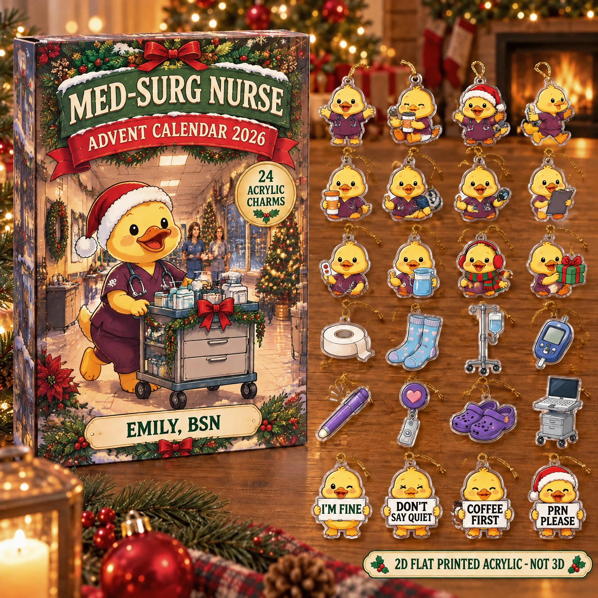 Personalized Med-Surg Nurse Duck advent calendar box with 24 flat acrylic Christmas charms