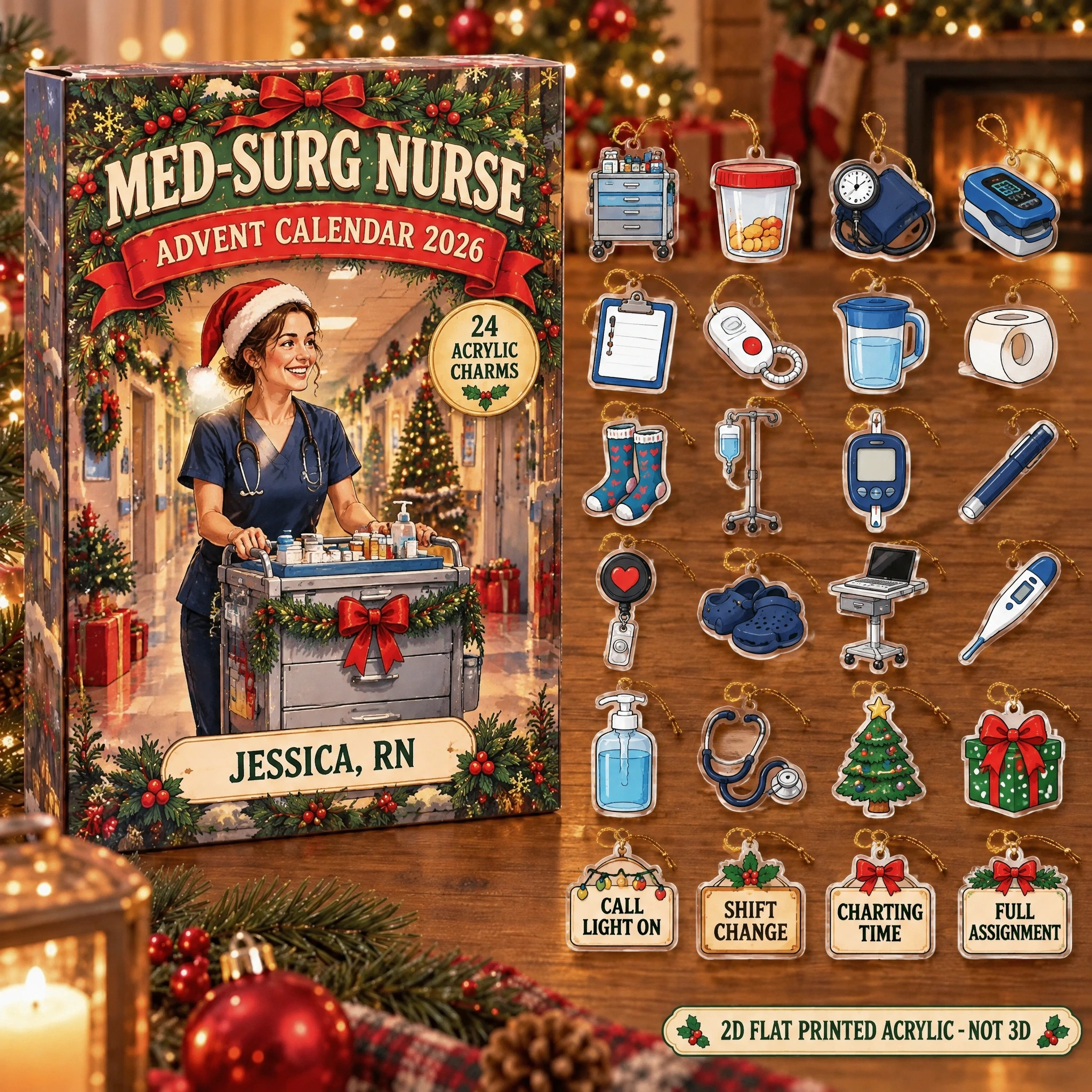 Personalized Med-Surg Nurse Essentials advent calendar box with 24 flat acrylic Christmas charms
