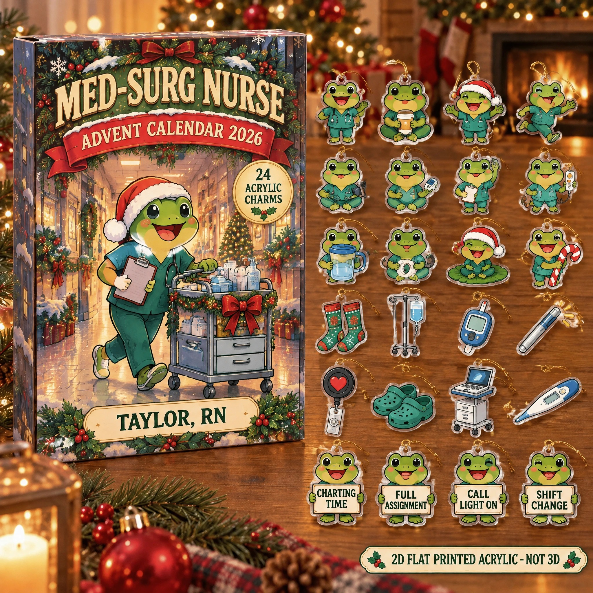 Personalized Med-Surg Nurse Frog advent calendar box with 24 flat acrylic Christmas charms