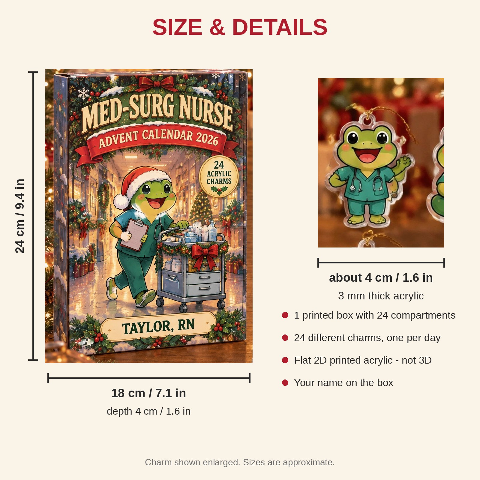 Personalized Med-Surg Nurse Frog advent calendar box with 24 flat acrylic Christmas charms: box and charm sizes