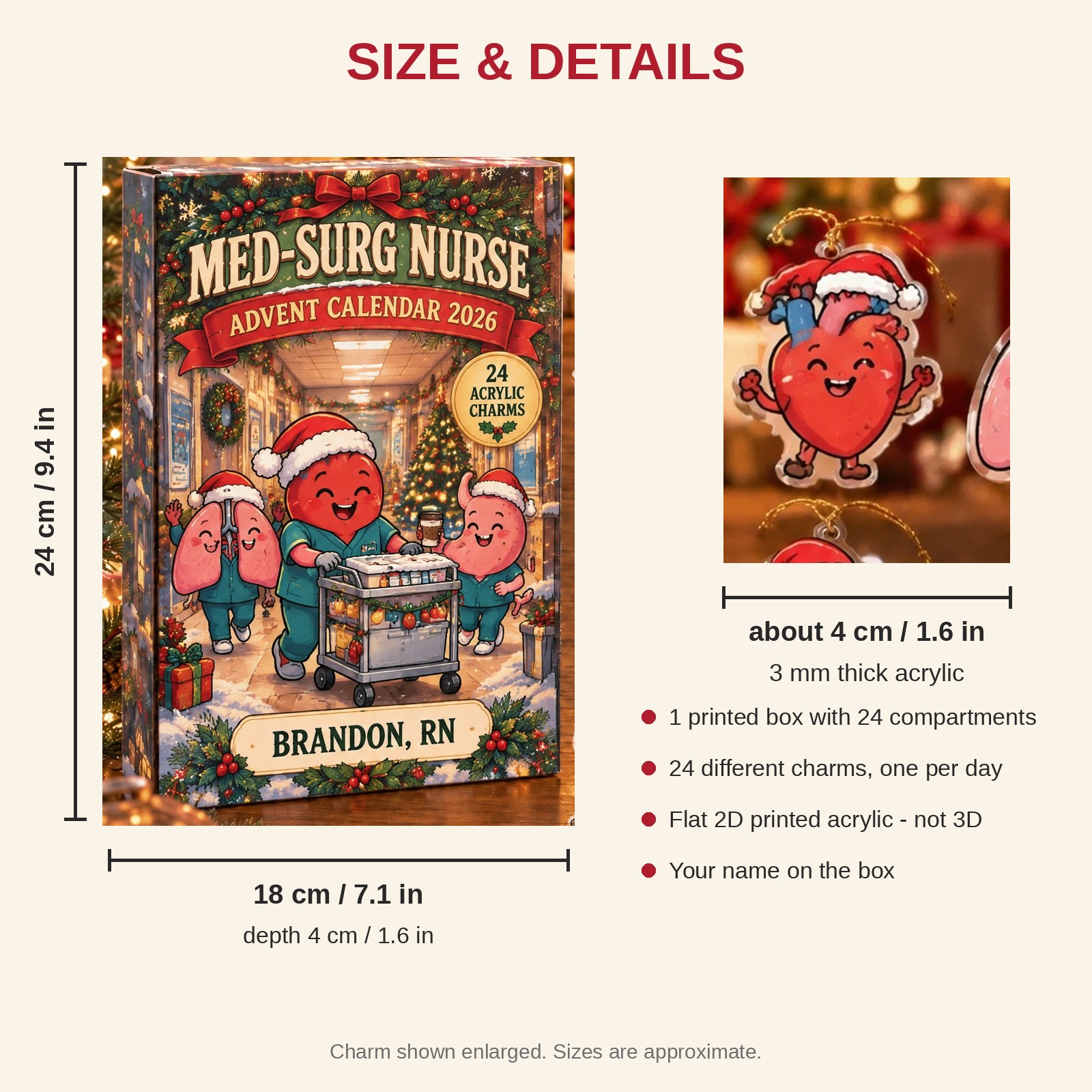 Personalized Med-Surg Nurse Funny Anatomy advent calendar box with 24 flat acrylic Christmas charms: box and charm sizes