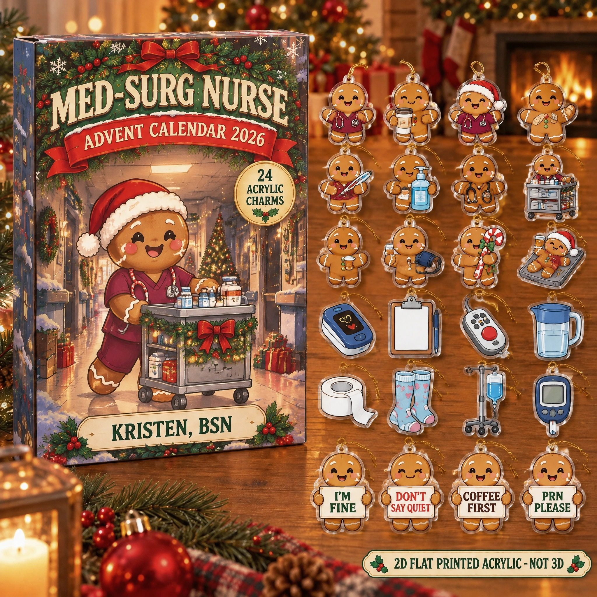 Personalized Med-Surg Nurse Gingerbread advent calendar box with 24 flat acrylic Christmas charms