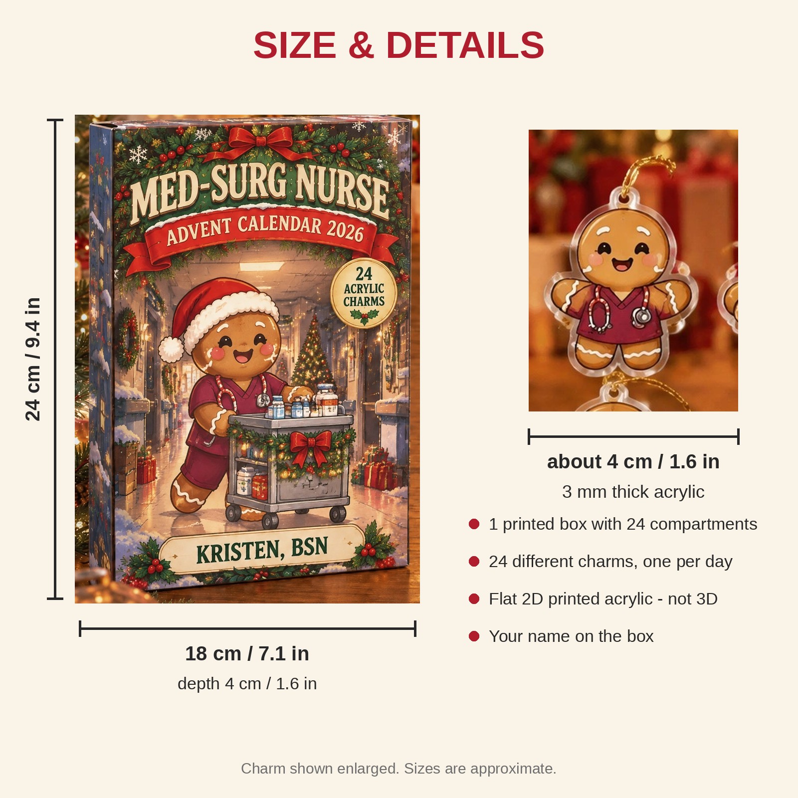 Personalized Med-Surg Nurse Gingerbread advent calendar box with 24 flat acrylic Christmas charms: box and charm sizes
