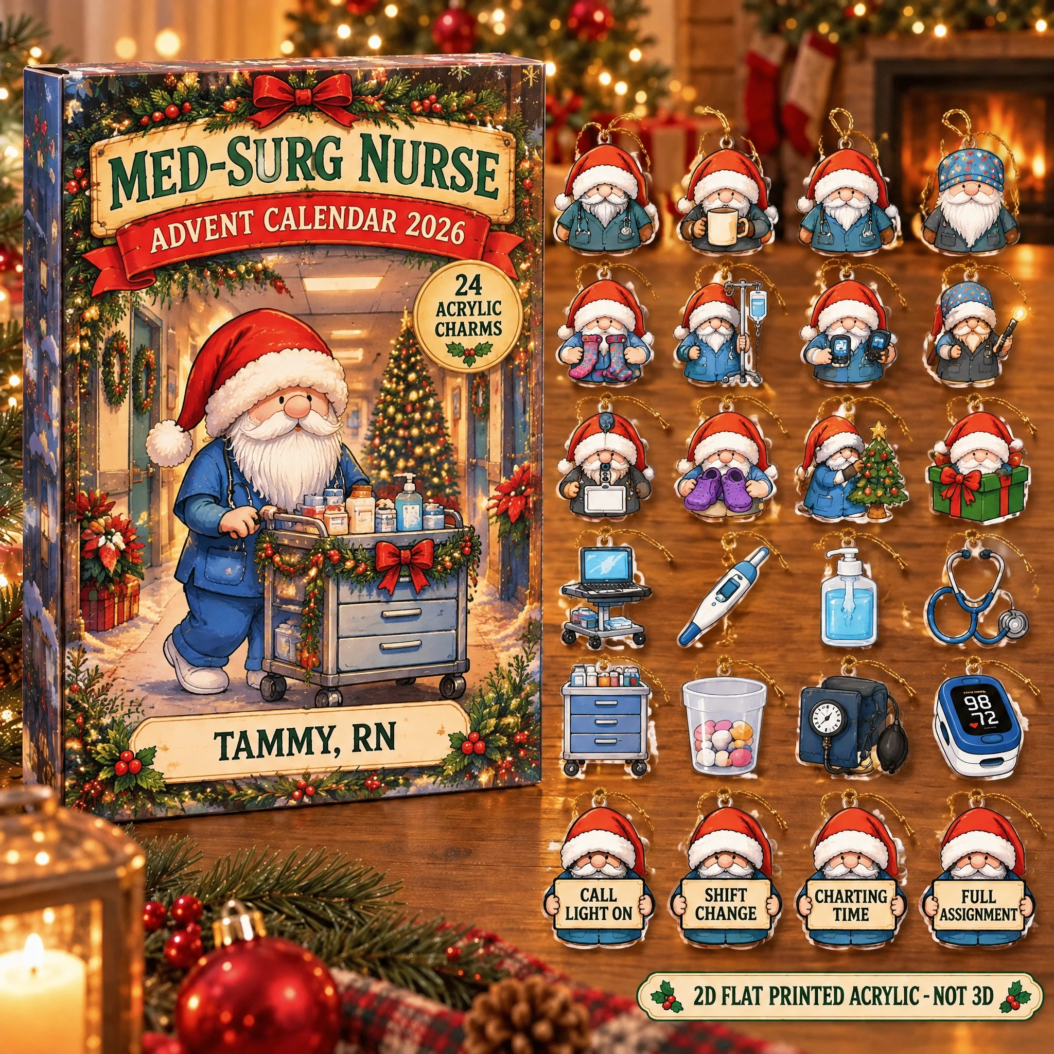 Personalized Med-Surg Nurse Gnome advent calendar box with 24 flat acrylic Christmas charms