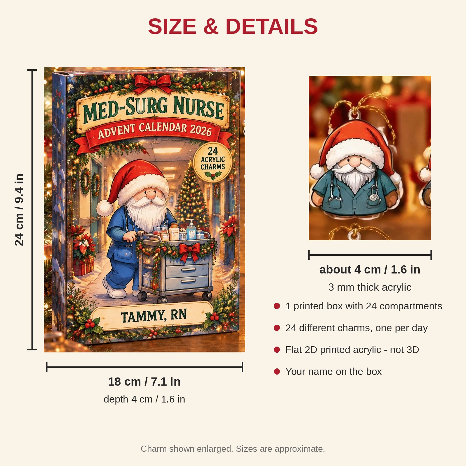 Personalized Med-Surg Nurse Gnome advent calendar box with 24 flat acrylic Christmas charms: box and charm sizes