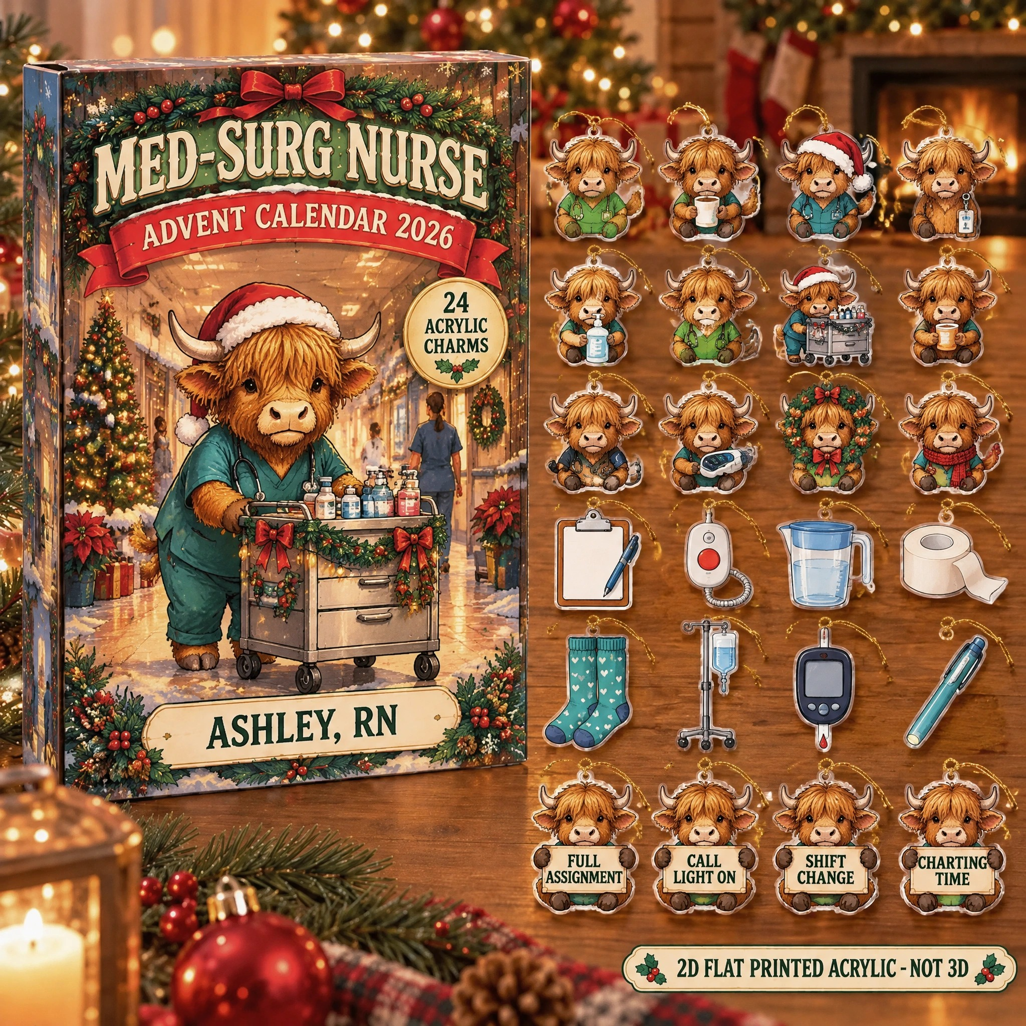 Personalized Med-Surg Nurse Highland Cow advent calendar box with 24 flat acrylic Christmas charms