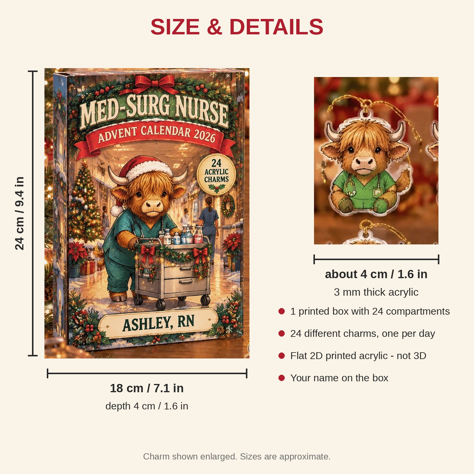 Personalized Med-Surg Nurse Highland Cow advent calendar box with 24 flat acrylic Christmas charms: box and charm sizes