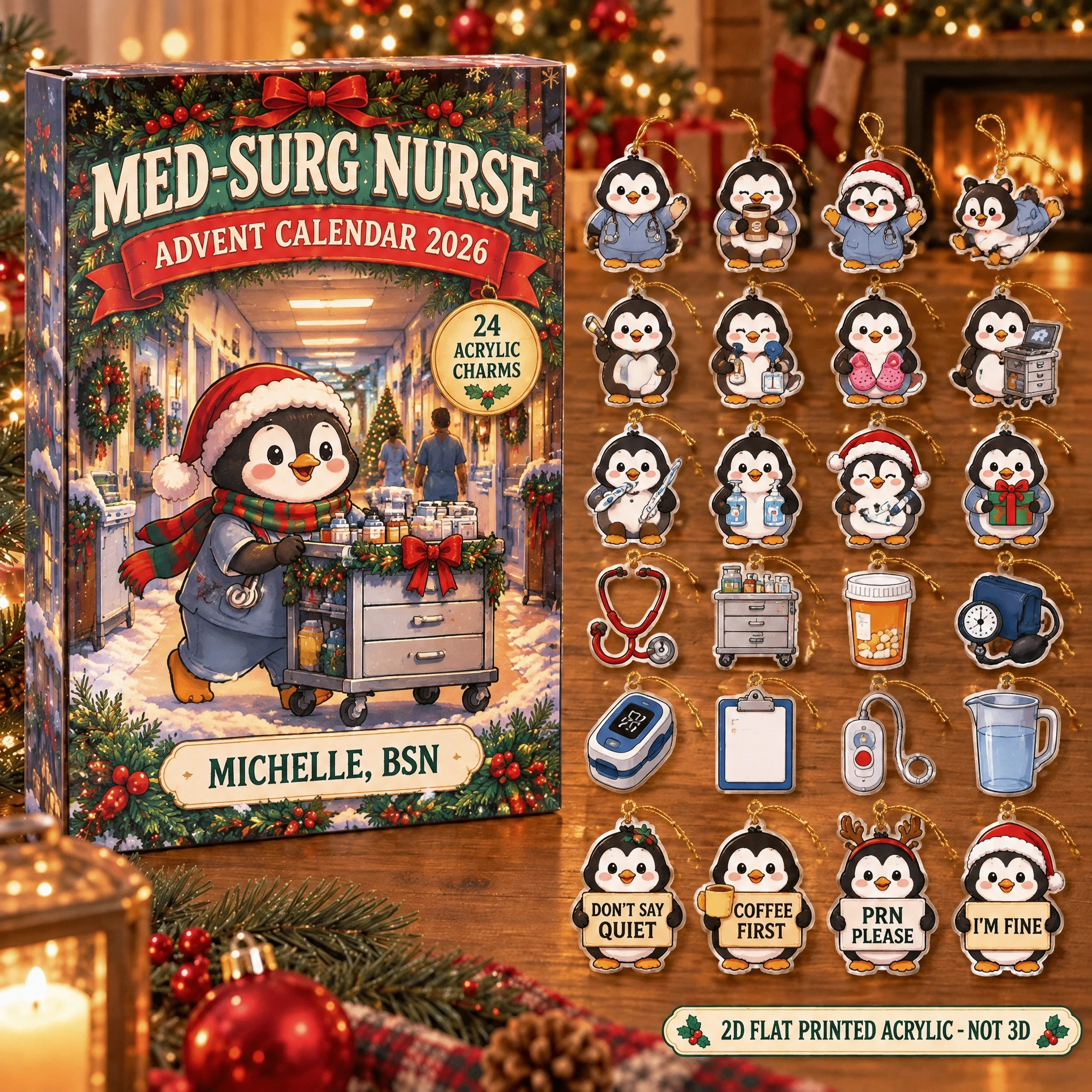 Personalized Med-Surg Nurse Penguin advent calendar box with 24 flat acrylic Christmas charms