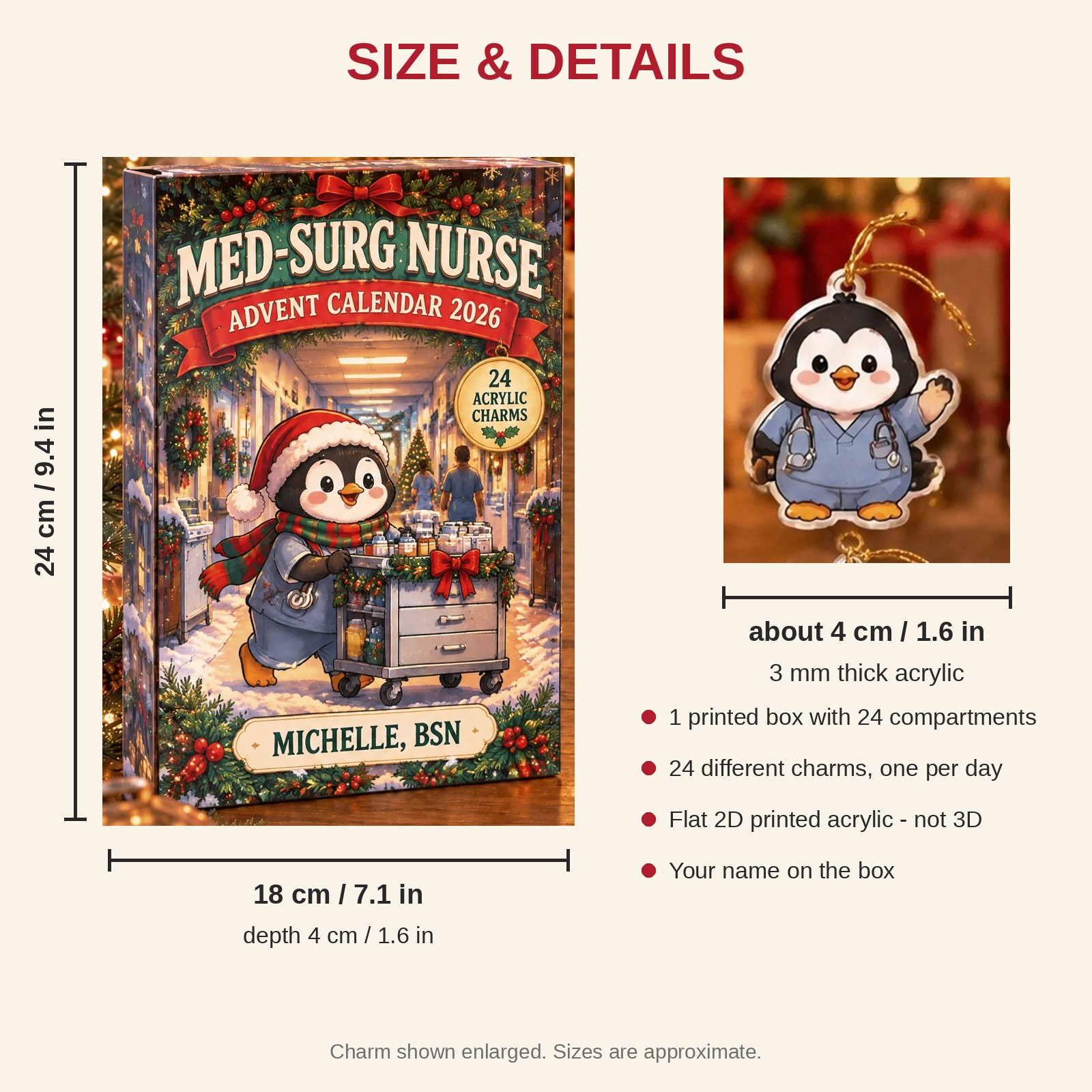 Personalized Med-Surg Nurse Penguin advent calendar box with 24 flat acrylic Christmas charms: box and charm sizes