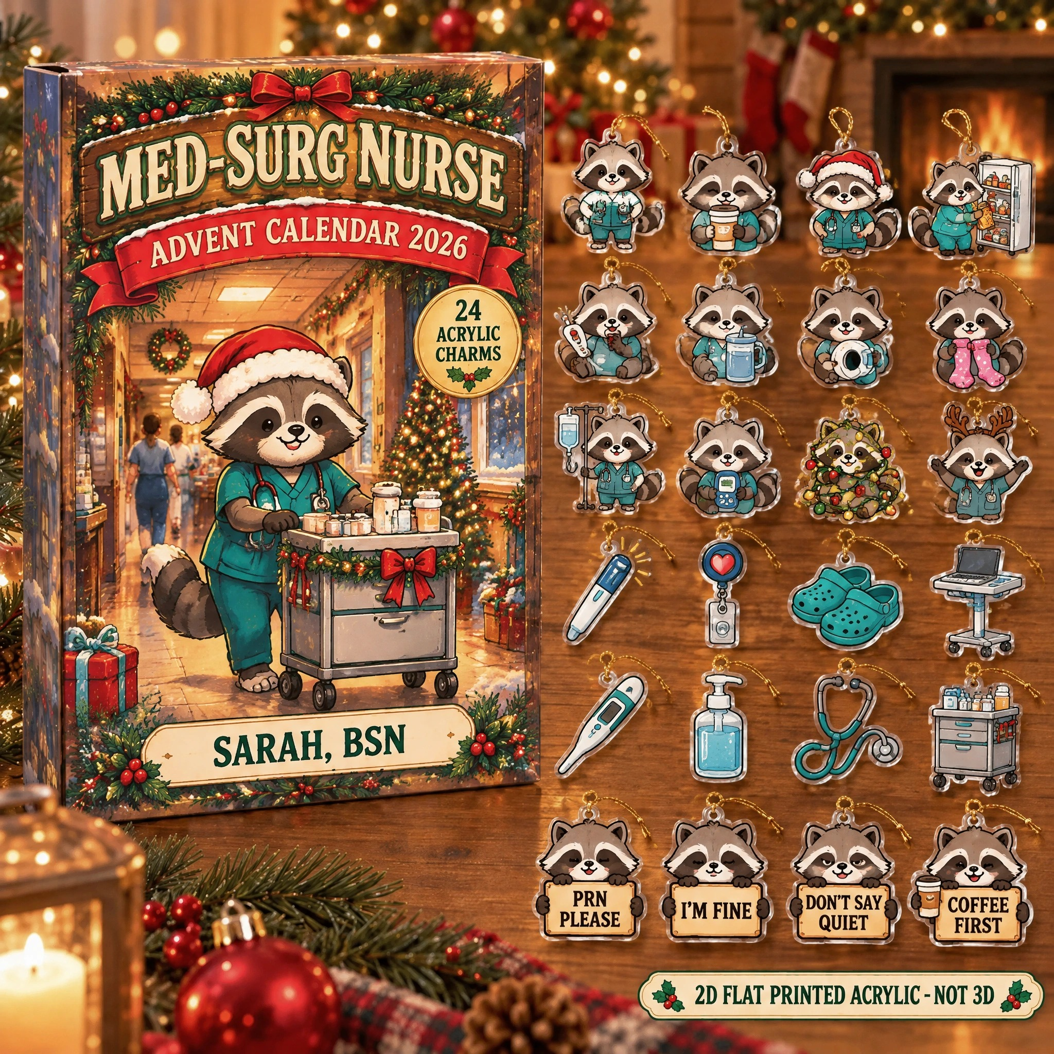 Personalized Med-Surg Nurse Raccoon advent calendar box with 24 flat acrylic Christmas charms