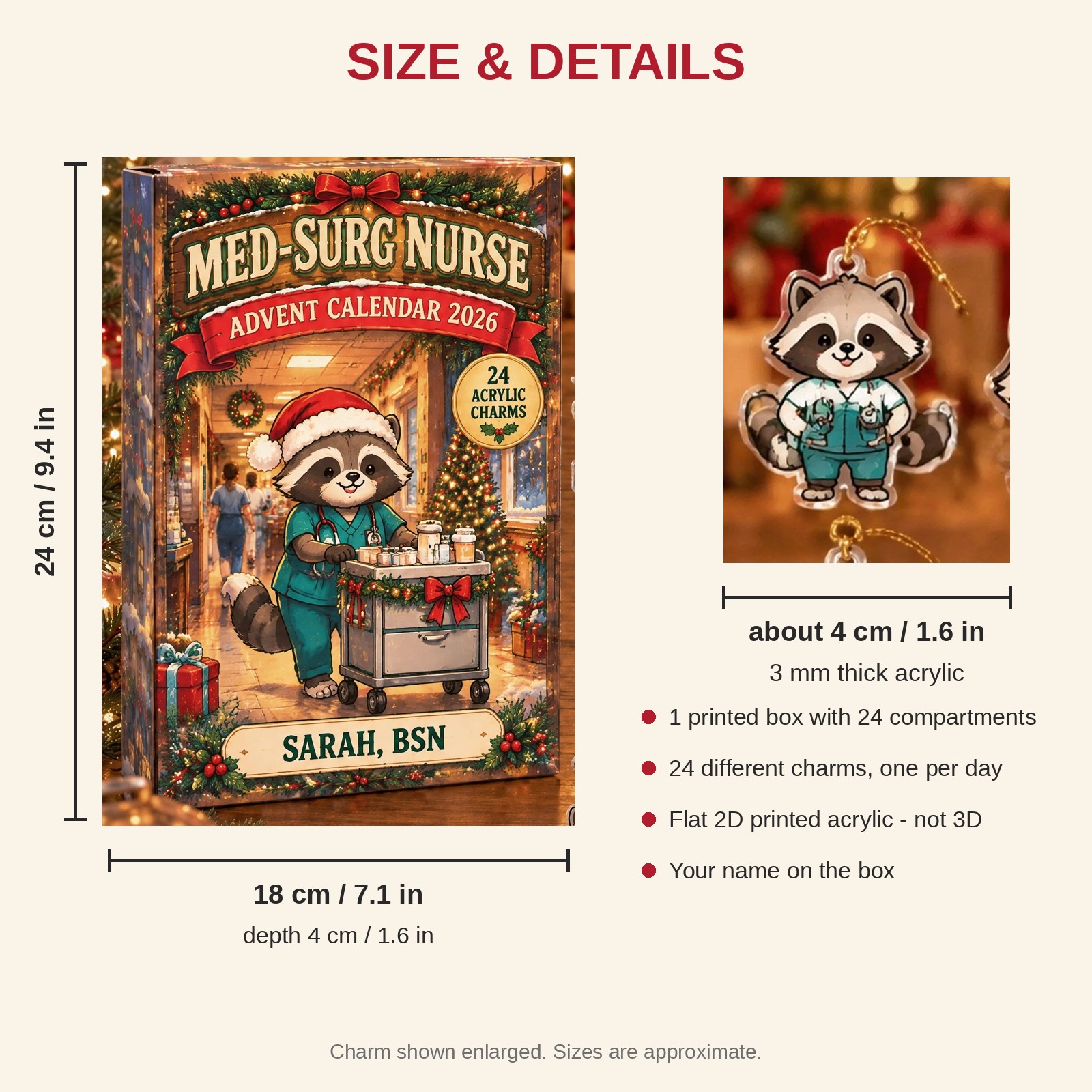 Personalized Med-Surg Nurse Raccoon advent calendar box with 24 flat acrylic Christmas charms: box and charm sizes