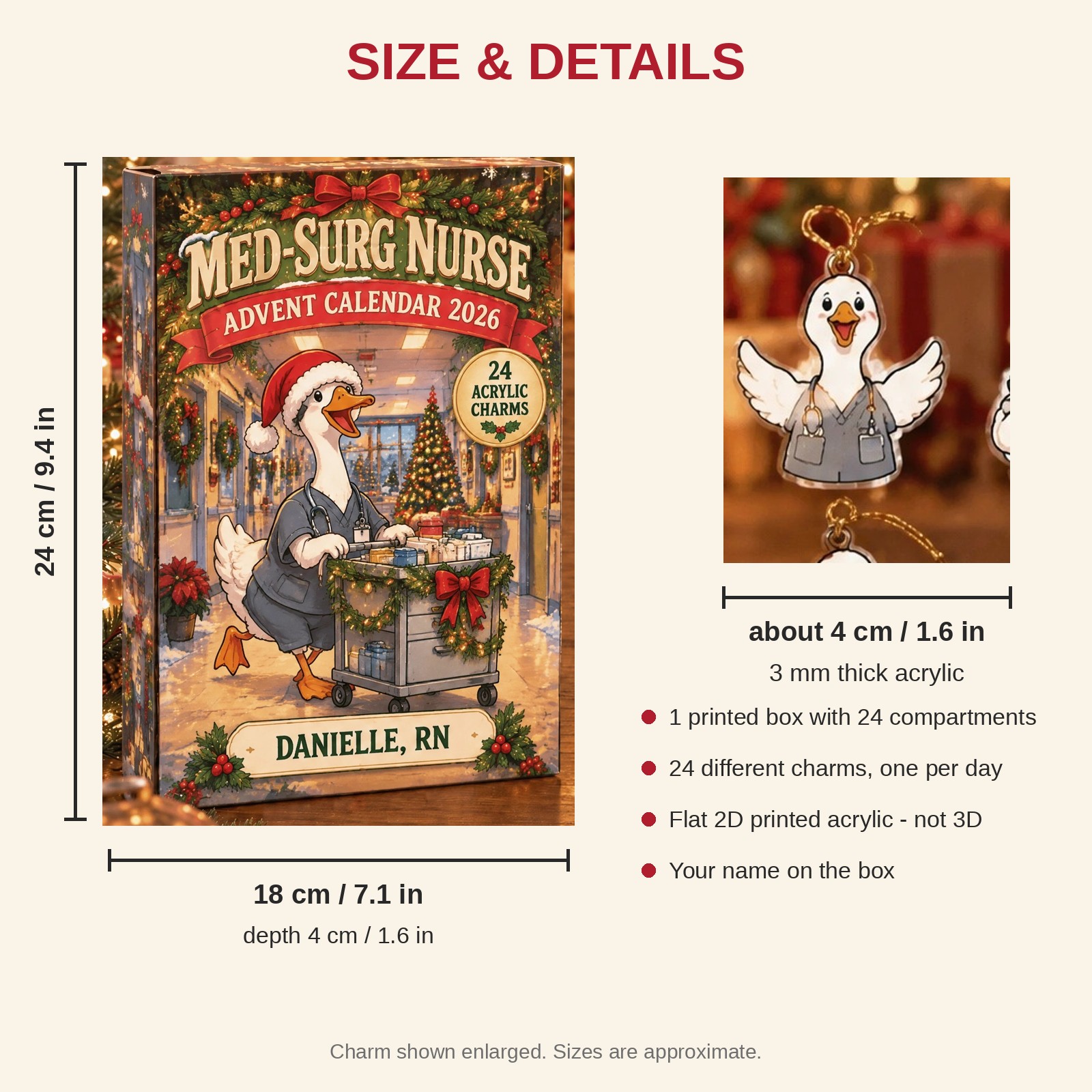Personalized Med-Surg Nurse Silly Goose advent calendar box with 24 flat acrylic Christmas charms: box and charm sizes