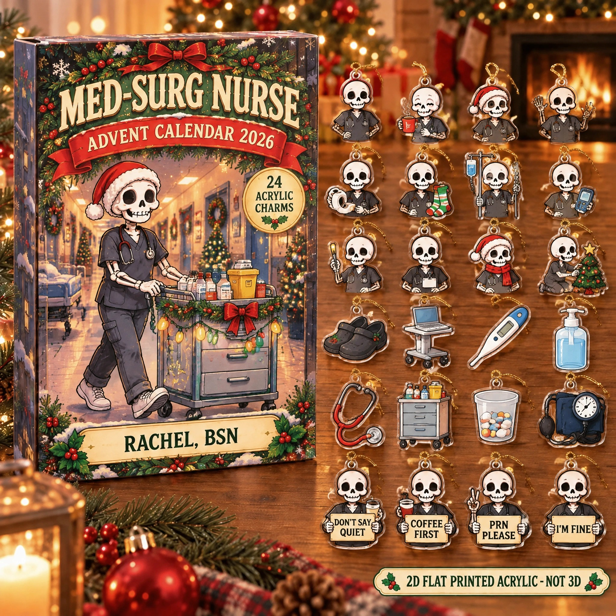 Personalized Med-Surg Nurse Skeleton advent calendar box with 24 flat acrylic Christmas charms
