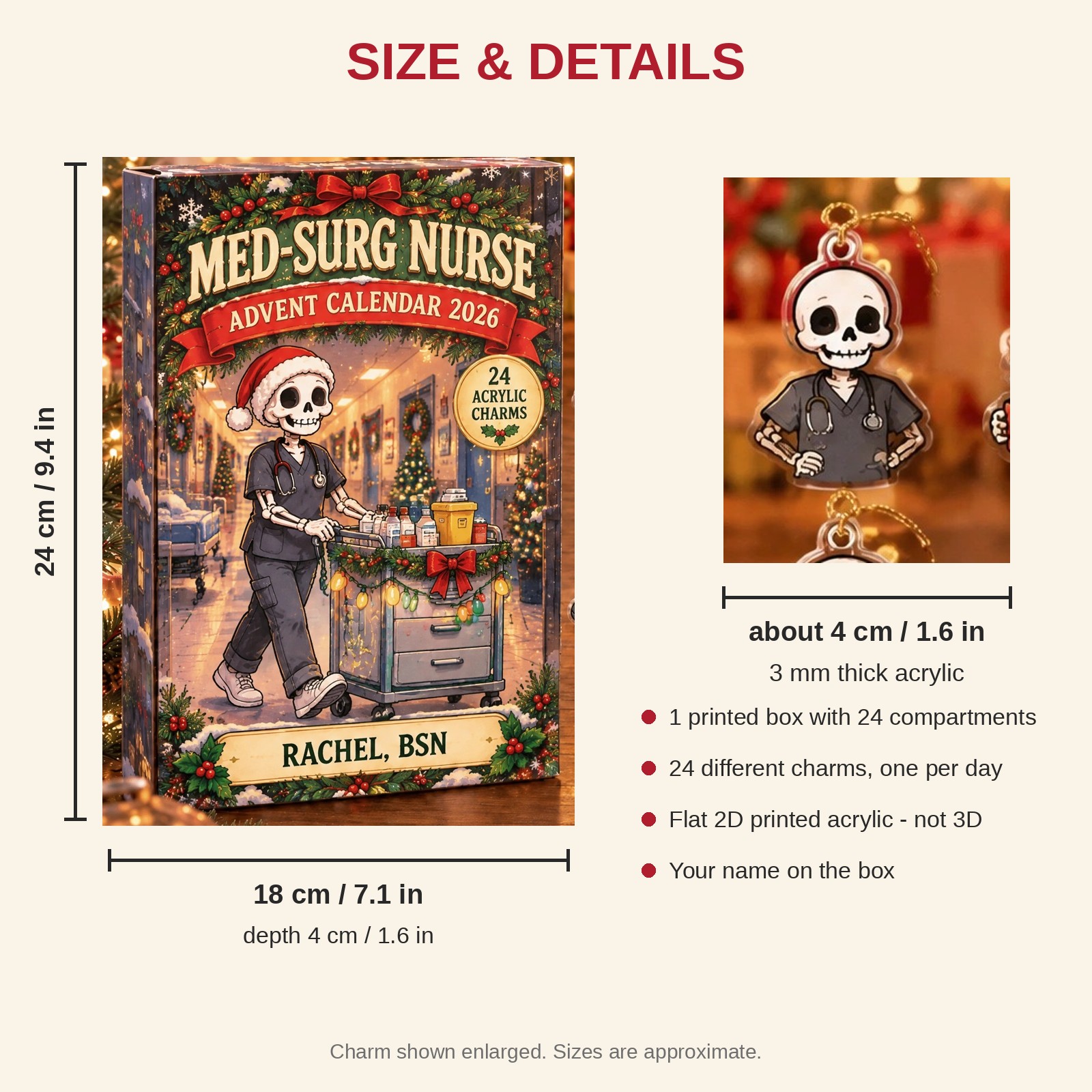 Personalized Med-Surg Nurse Skeleton advent calendar box with 24 flat acrylic Christmas charms: box and charm sizes