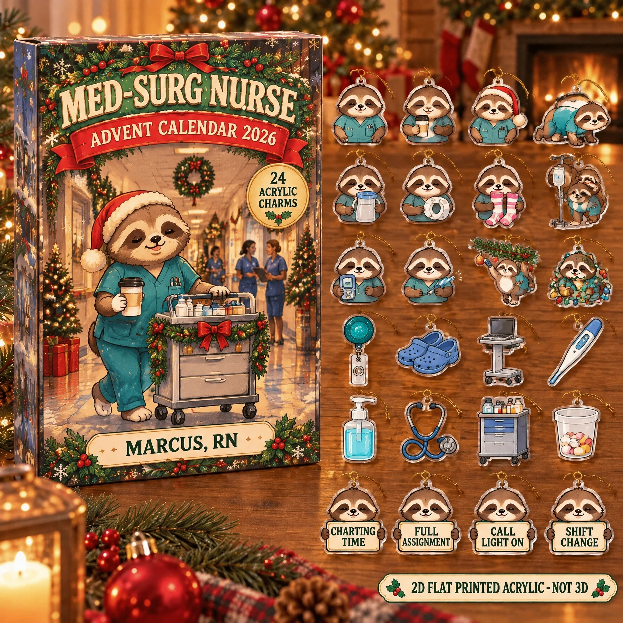 Personalized Med-Surg Nurse Sloth advent calendar box with 24 flat acrylic Christmas charms