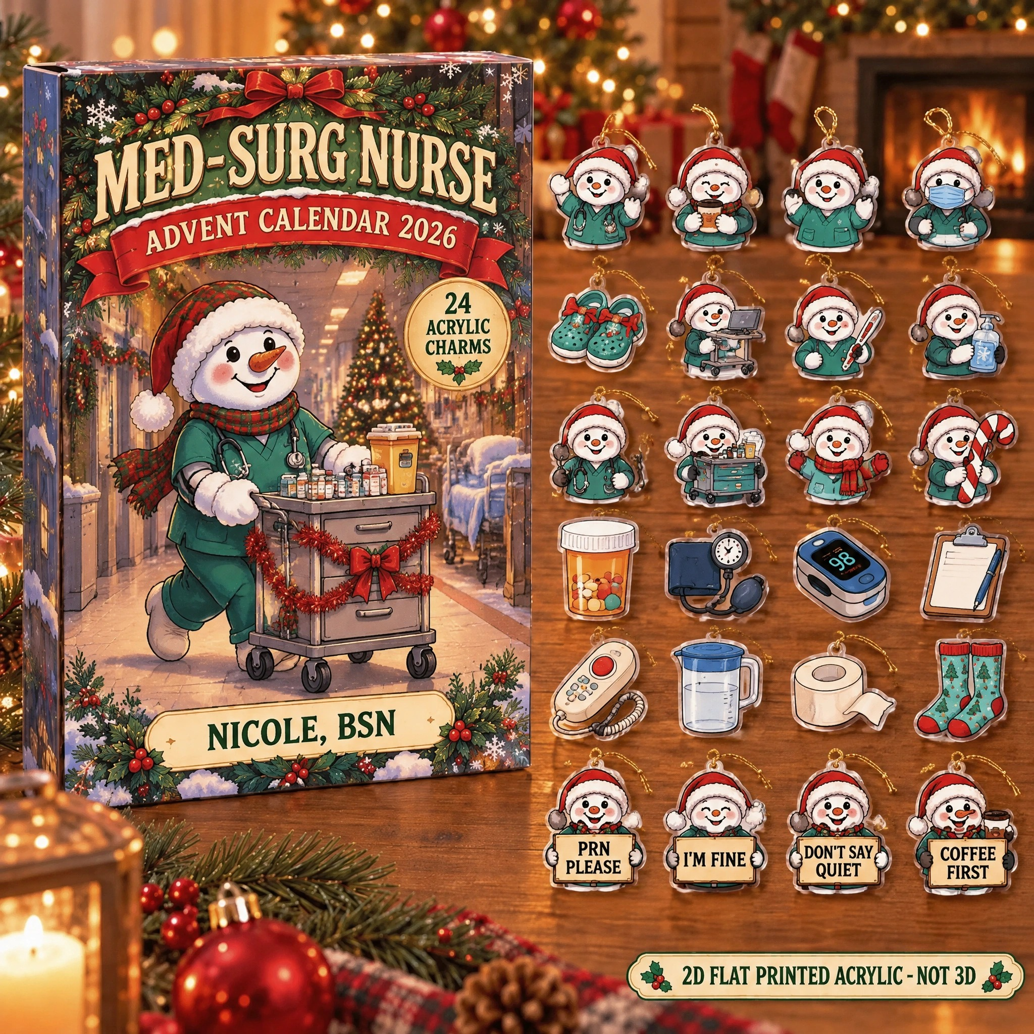 Personalized Med-Surg Nurse Snowman advent calendar box with 24 flat acrylic Christmas charms
