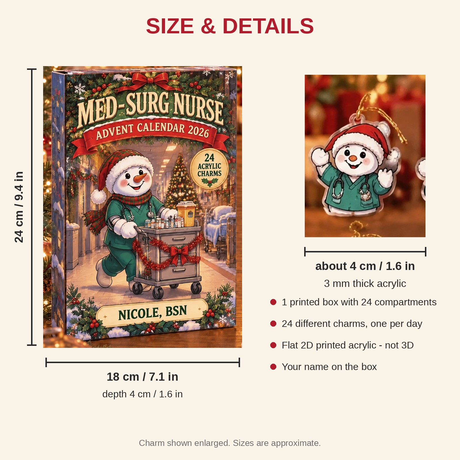 Personalized Med-Surg Nurse Snowman advent calendar box with 24 flat acrylic Christmas charms: box and charm sizes