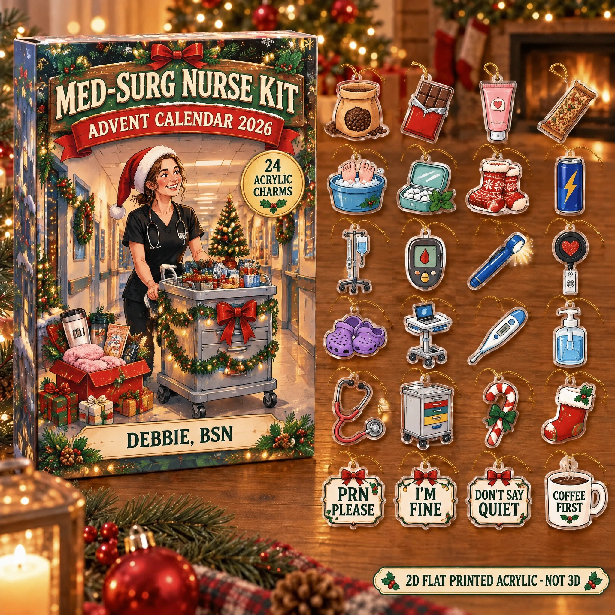 Personalized Med-Surg Nurse Survival Kit advent calendar box with 24 flat acrylic Christmas charms