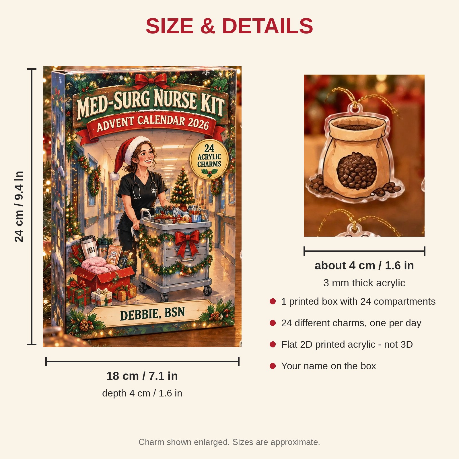 Personalized Med-Surg Nurse Survival Kit advent calendar box with 24 flat acrylic Christmas charms: box and charm sizes