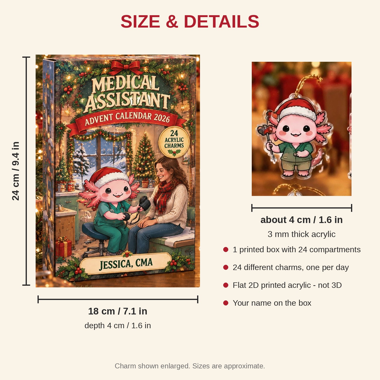 Personalized Medical Assistant Axolotl advent calendar box with 24 flat acrylic Christmas charms: box and charm sizes