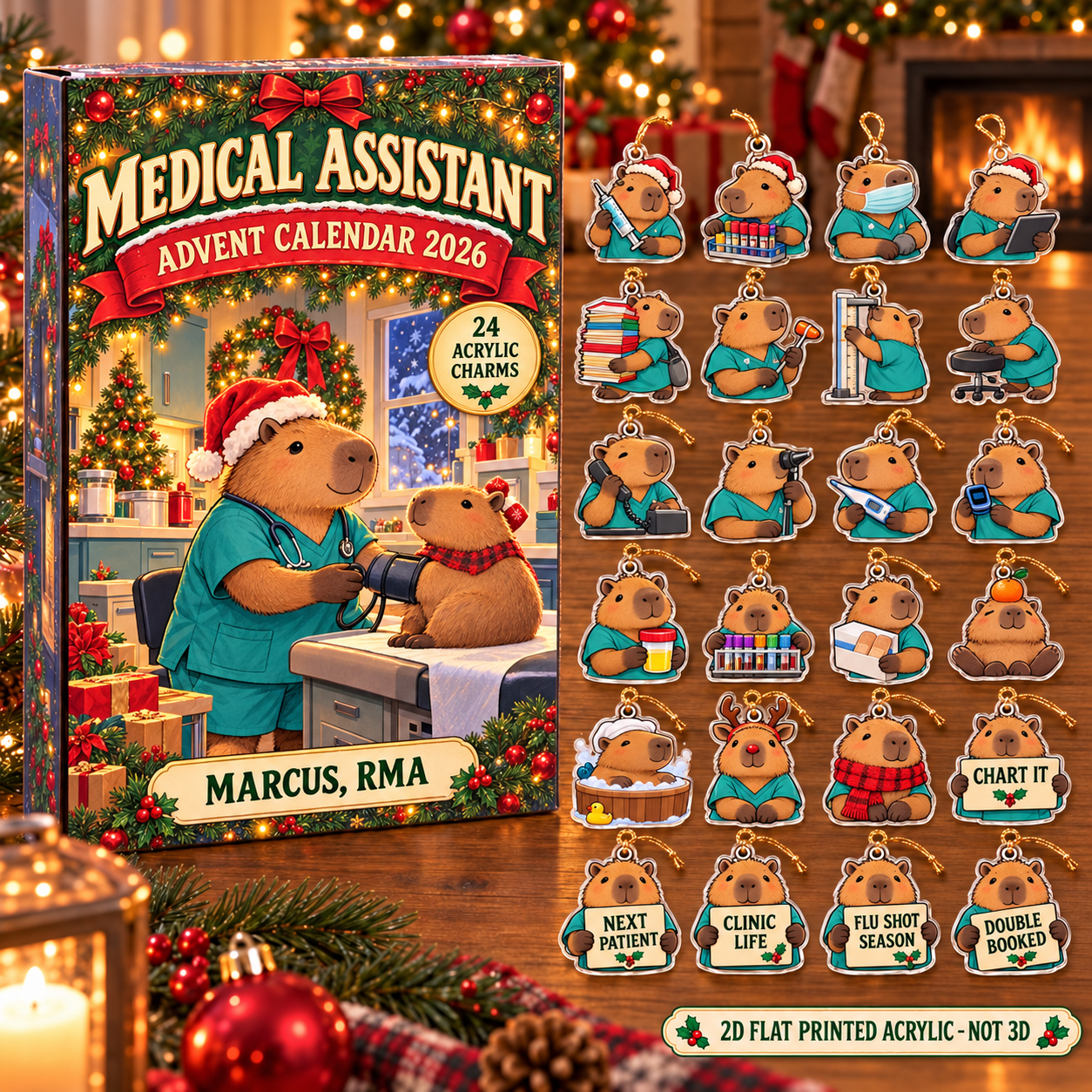 Personalized Medical Assistant Capybara advent calendar box with 24 flat acrylic Christmas charms