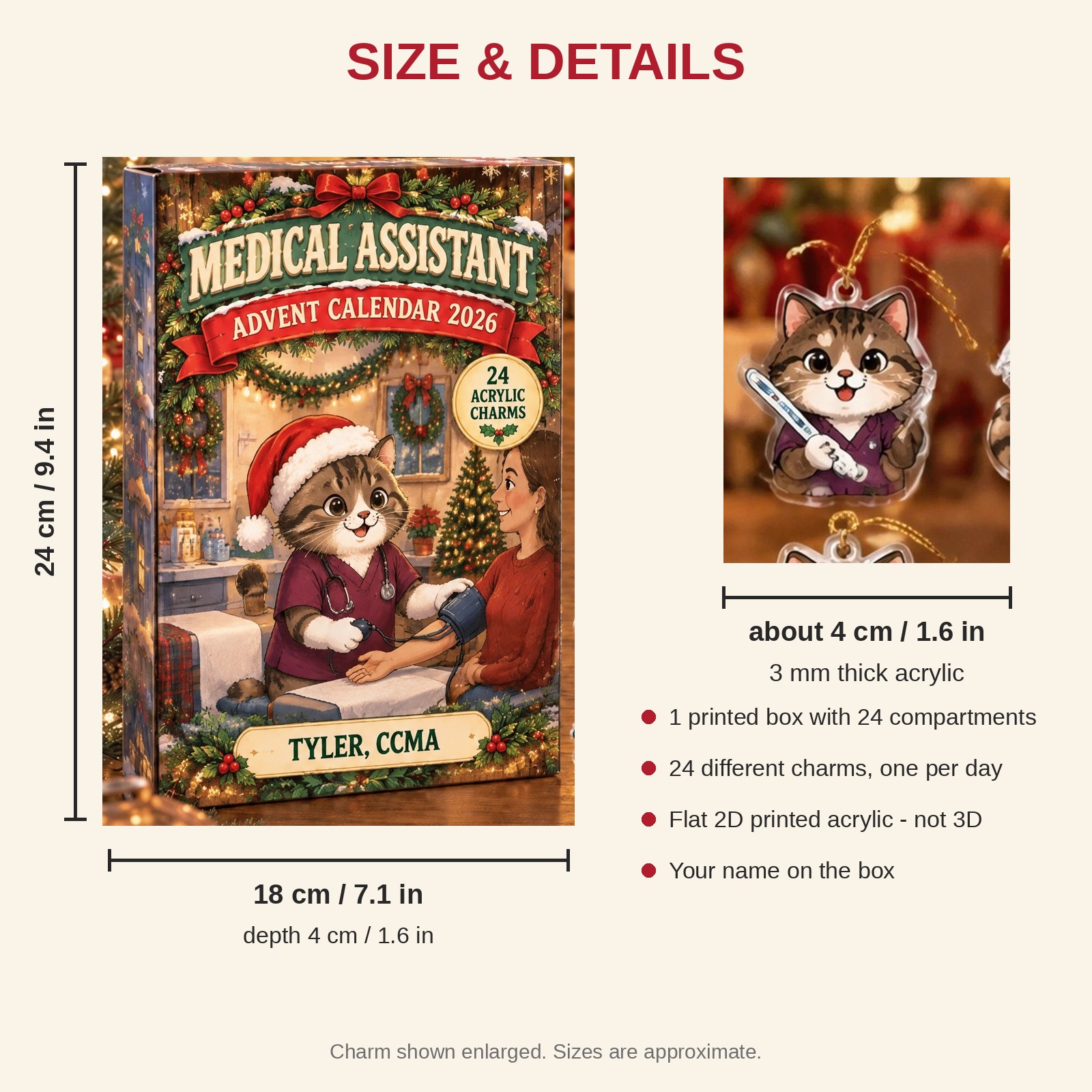 Personalized Medical Assistant Cat advent calendar box with 24 flat acrylic Christmas charms: box and charm sizes