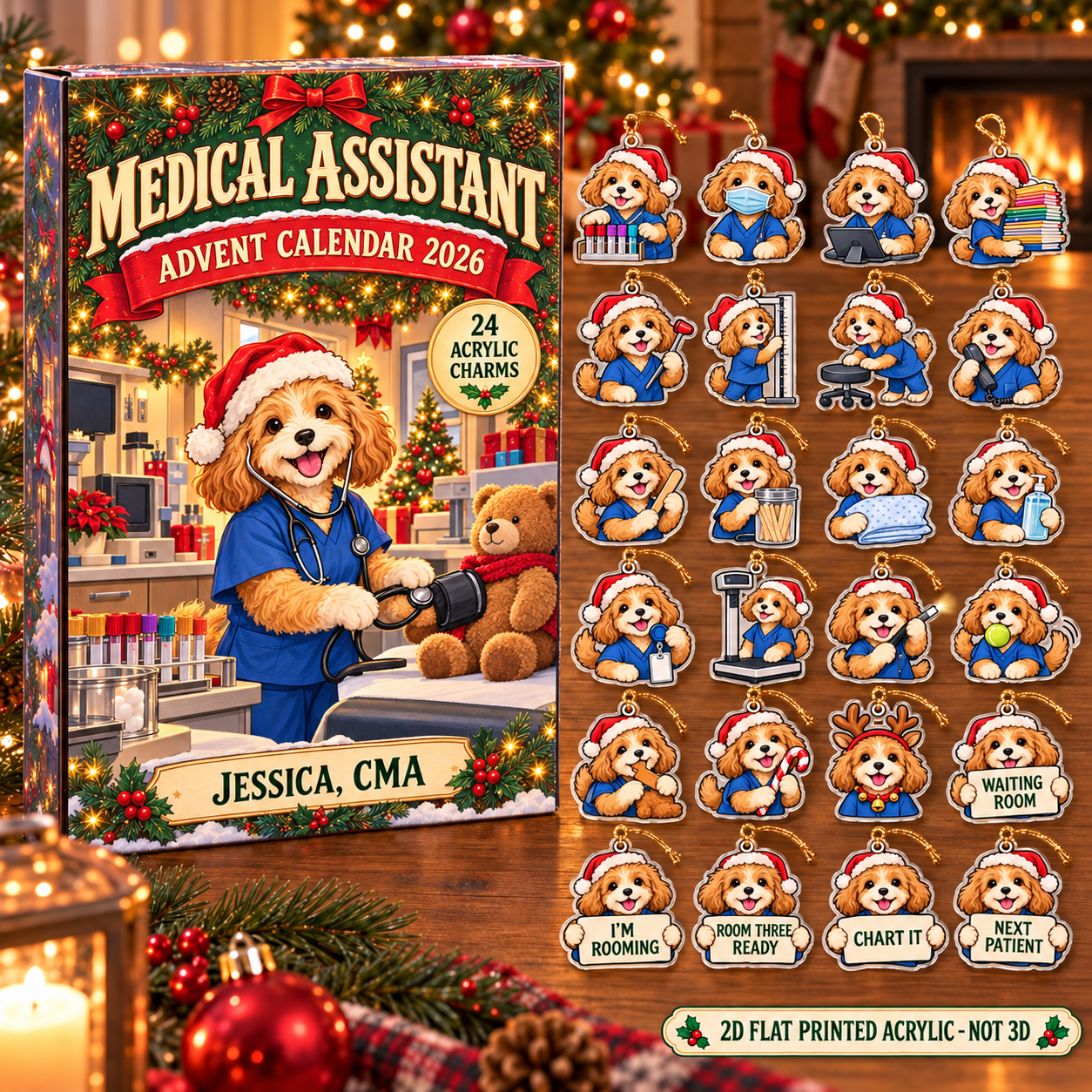 Personalized Medical Assistant Dog advent calendar box with 24 flat acrylic Christmas charms