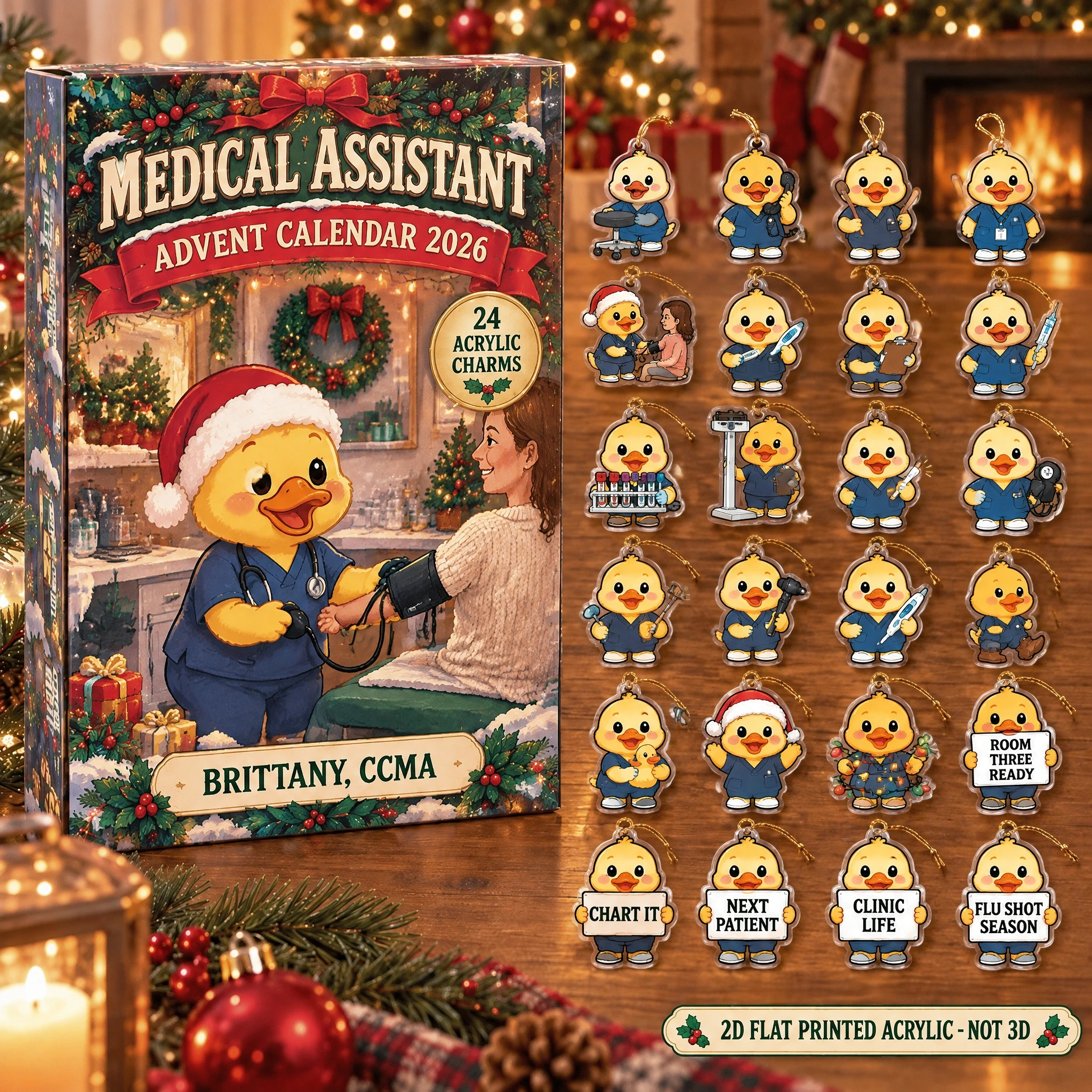 Personalized Medical Assistant Duck advent calendar box with 24 flat acrylic Christmas charms