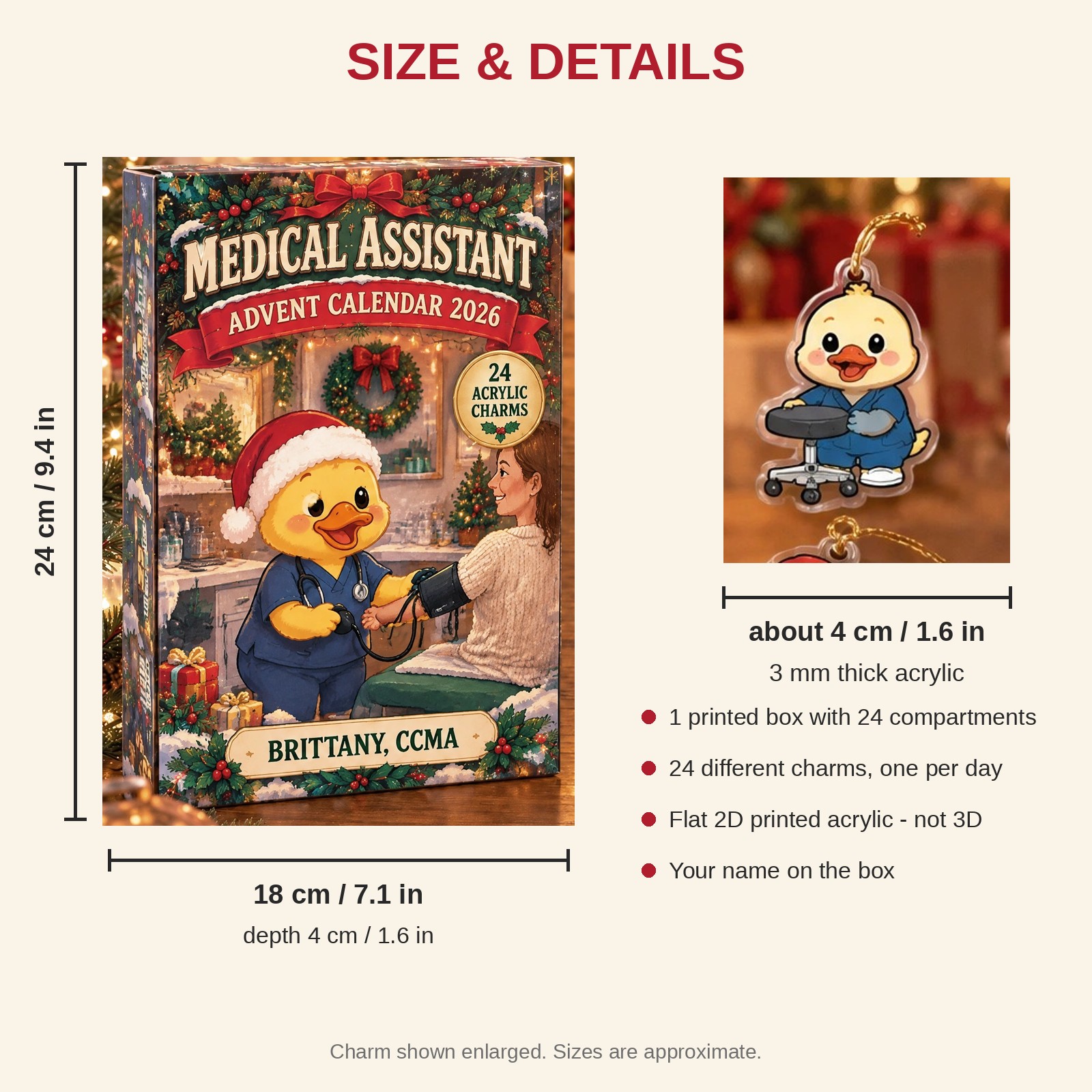 Personalized Medical Assistant Duck advent calendar box with 24 flat acrylic Christmas charms: box and charm sizes