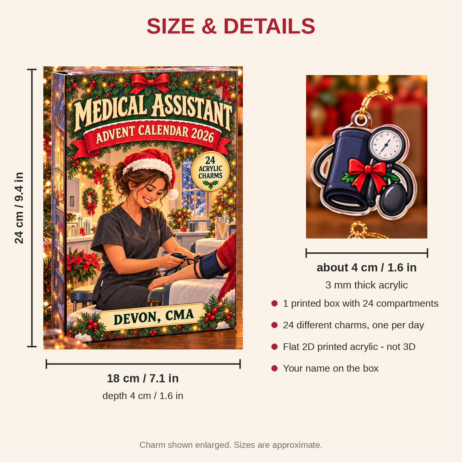 Personalized Medical Assistant Essentials advent calendar box with 24 flat acrylic Christmas charms: box and charm sizes
