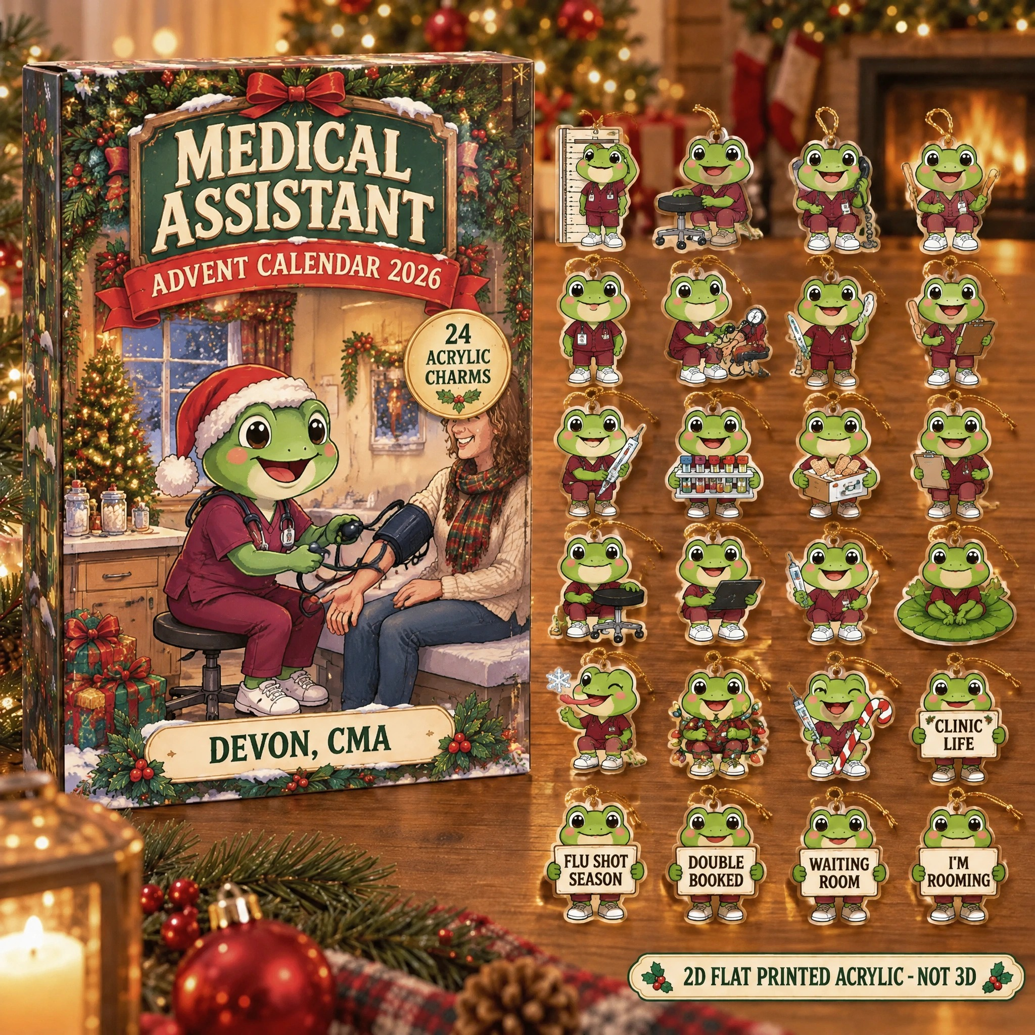 Personalized Medical Assistant Frog advent calendar box with 24 flat acrylic Christmas charms