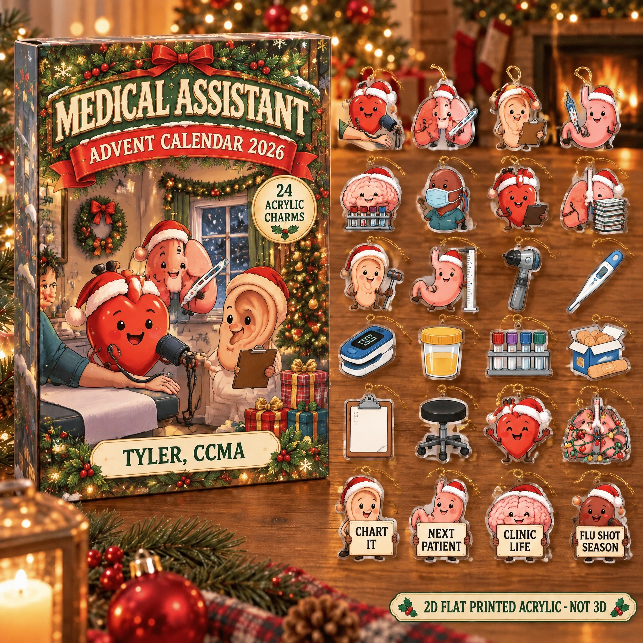 Personalized Funny Anatomy Med Assistant advent calendar box with 24 flat acrylic Christmas charms