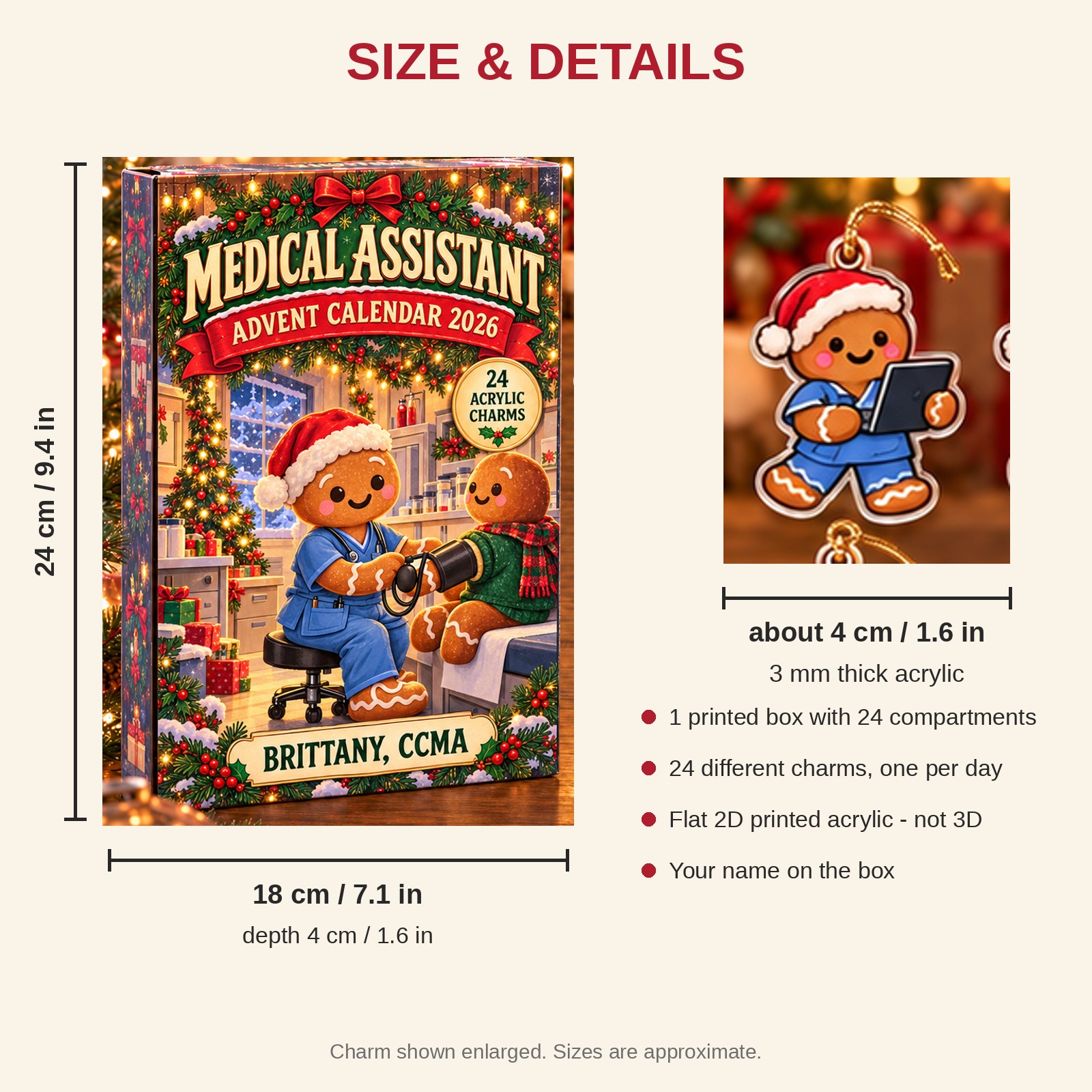 Personalized Gingerbread Med Assistant advent calendar box with 24 flat acrylic Christmas charms: box and charm sizes