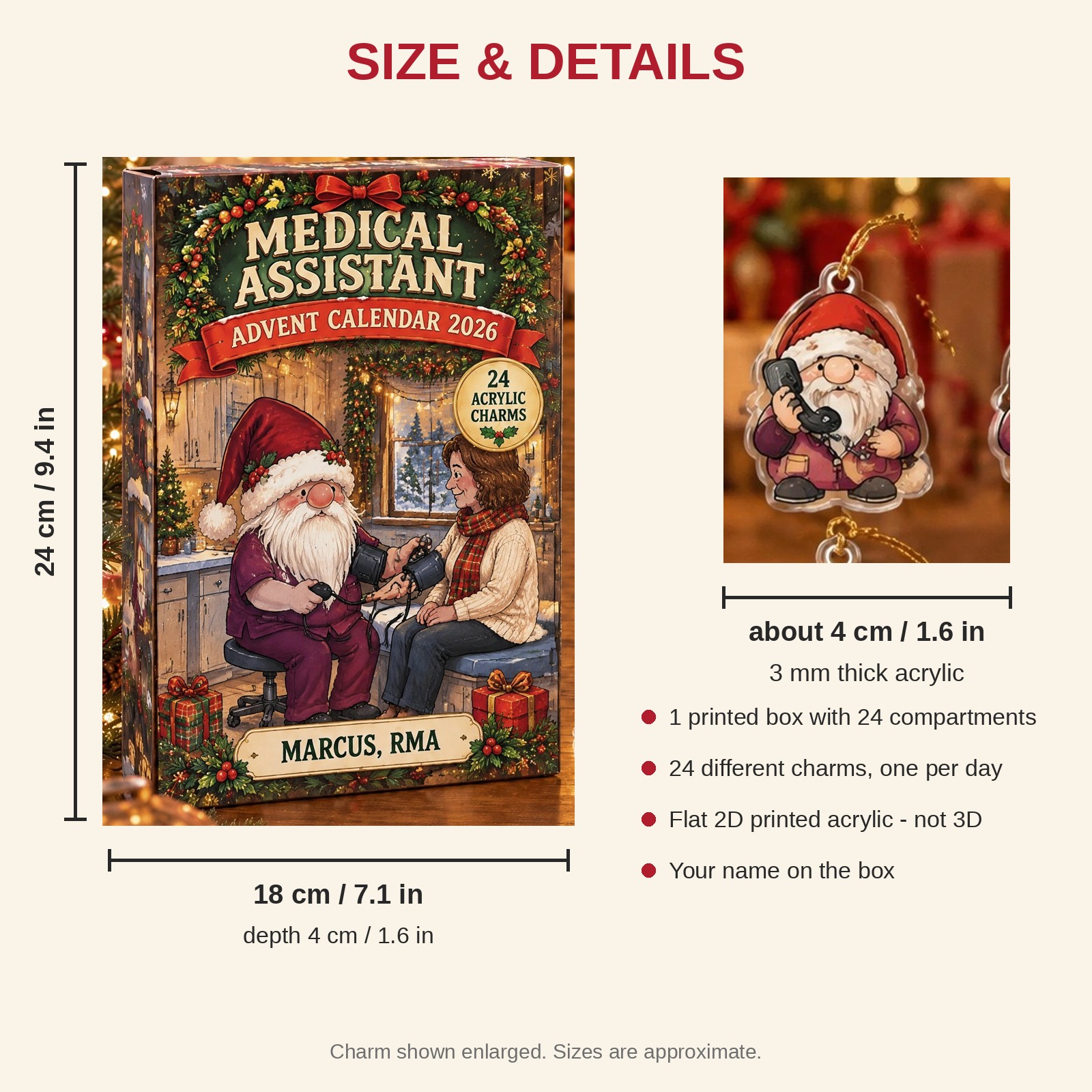 Personalized Medical Assistant Gnome advent calendar box with 24 flat acrylic Christmas charms: box and charm sizes