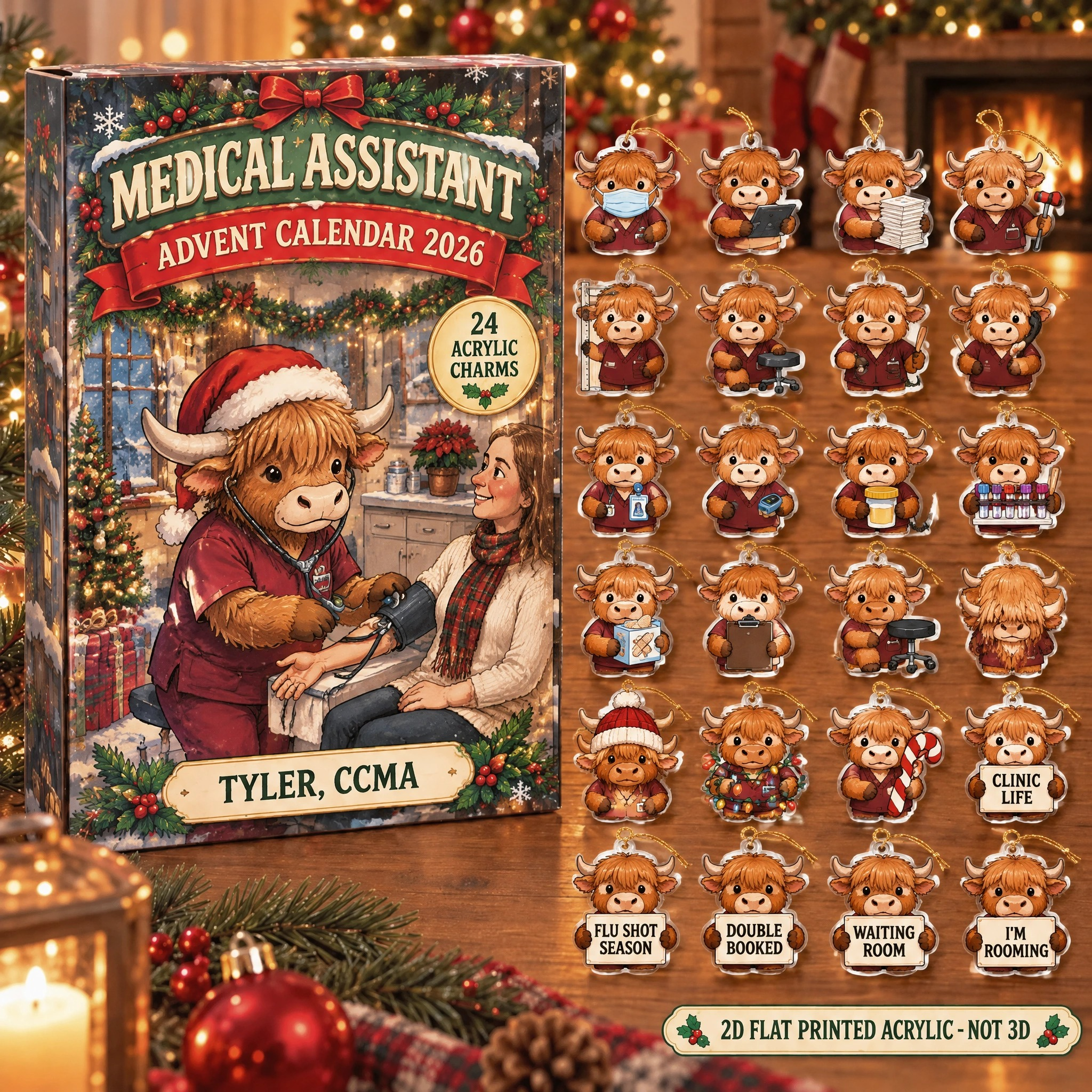 Personalized Med Assistant Highland Cow advent calendar box with 24 flat acrylic Christmas charms