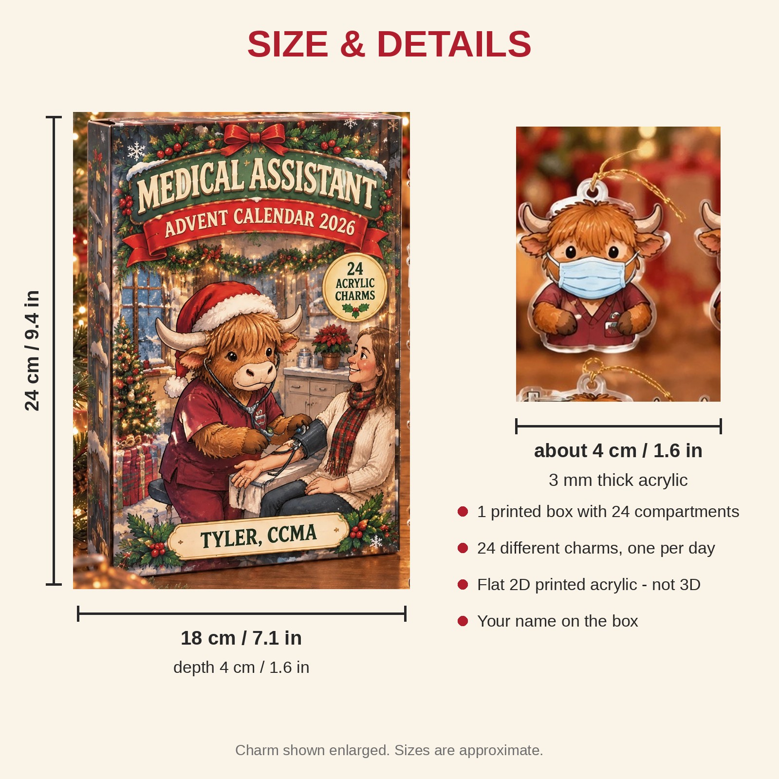 Personalized Med Assistant Highland Cow advent calendar box with 24 flat acrylic Christmas charms: box and charm sizes