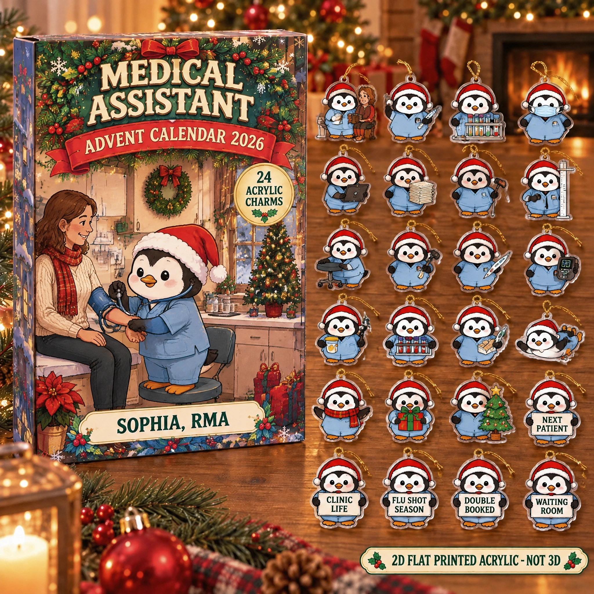 Personalized Medical Assistant Penguin advent calendar box with 24 flat acrylic Christmas charms