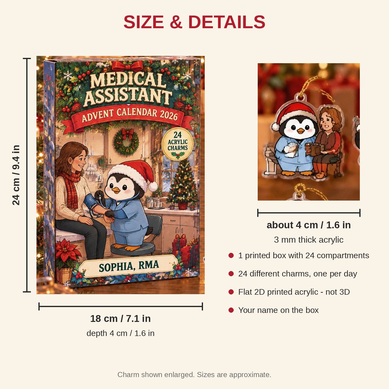 Personalized Medical Assistant Penguin advent calendar box with 24 flat acrylic Christmas charms: box and charm sizes