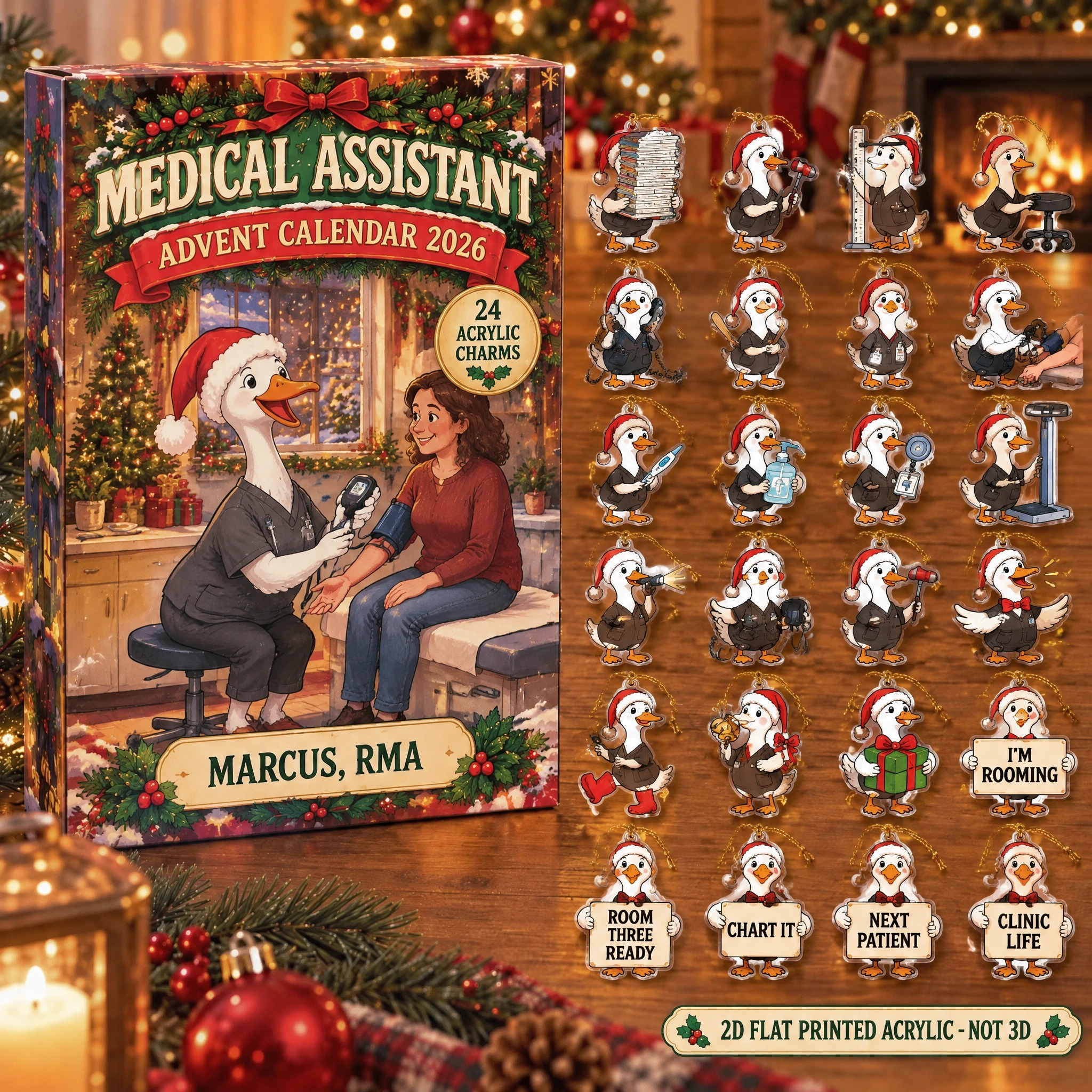 Personalized Med Assistant Silly Goose advent calendar box with 24 flat acrylic Christmas charms