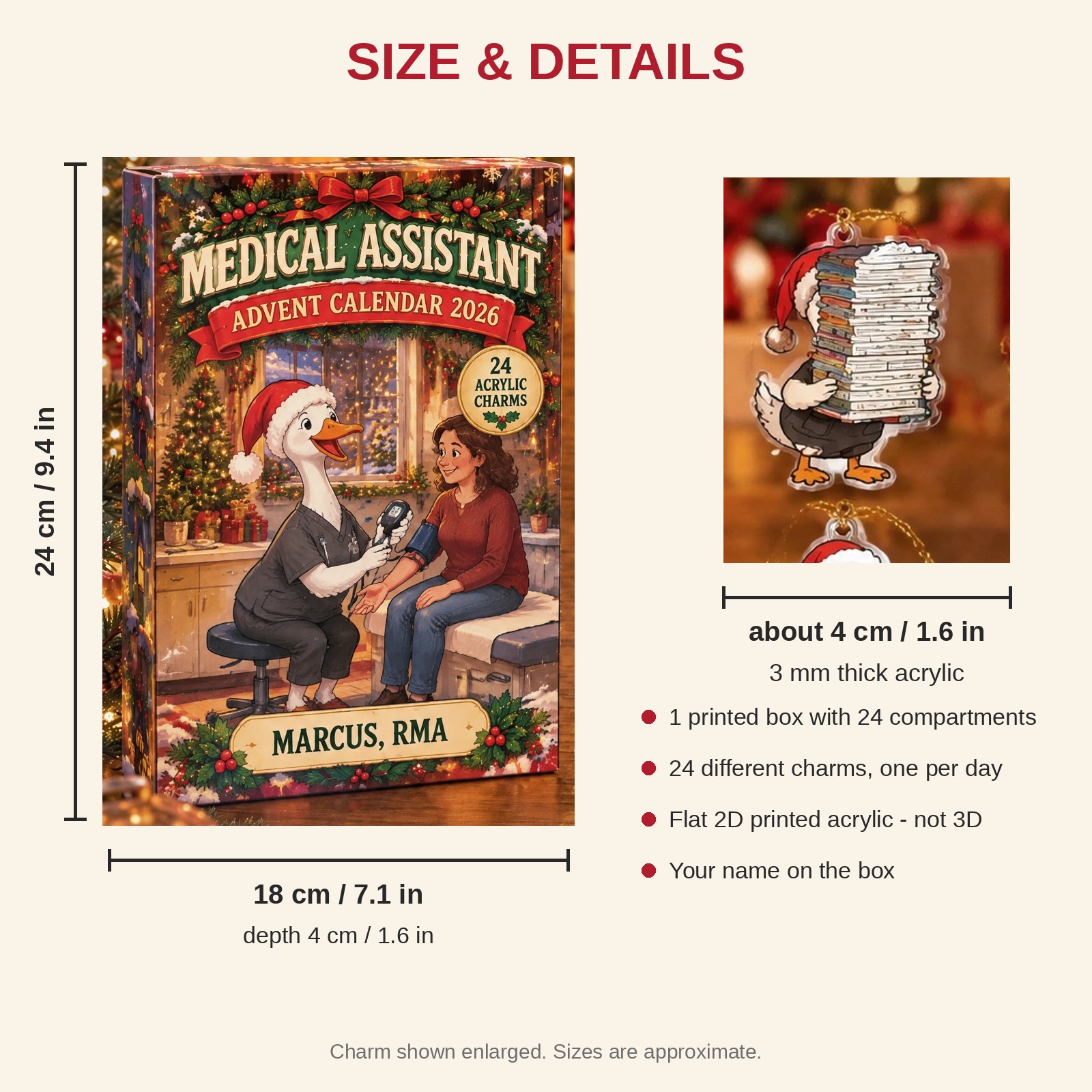 Personalized Med Assistant Silly Goose advent calendar box with 24 flat acrylic Christmas charms: box and charm sizes