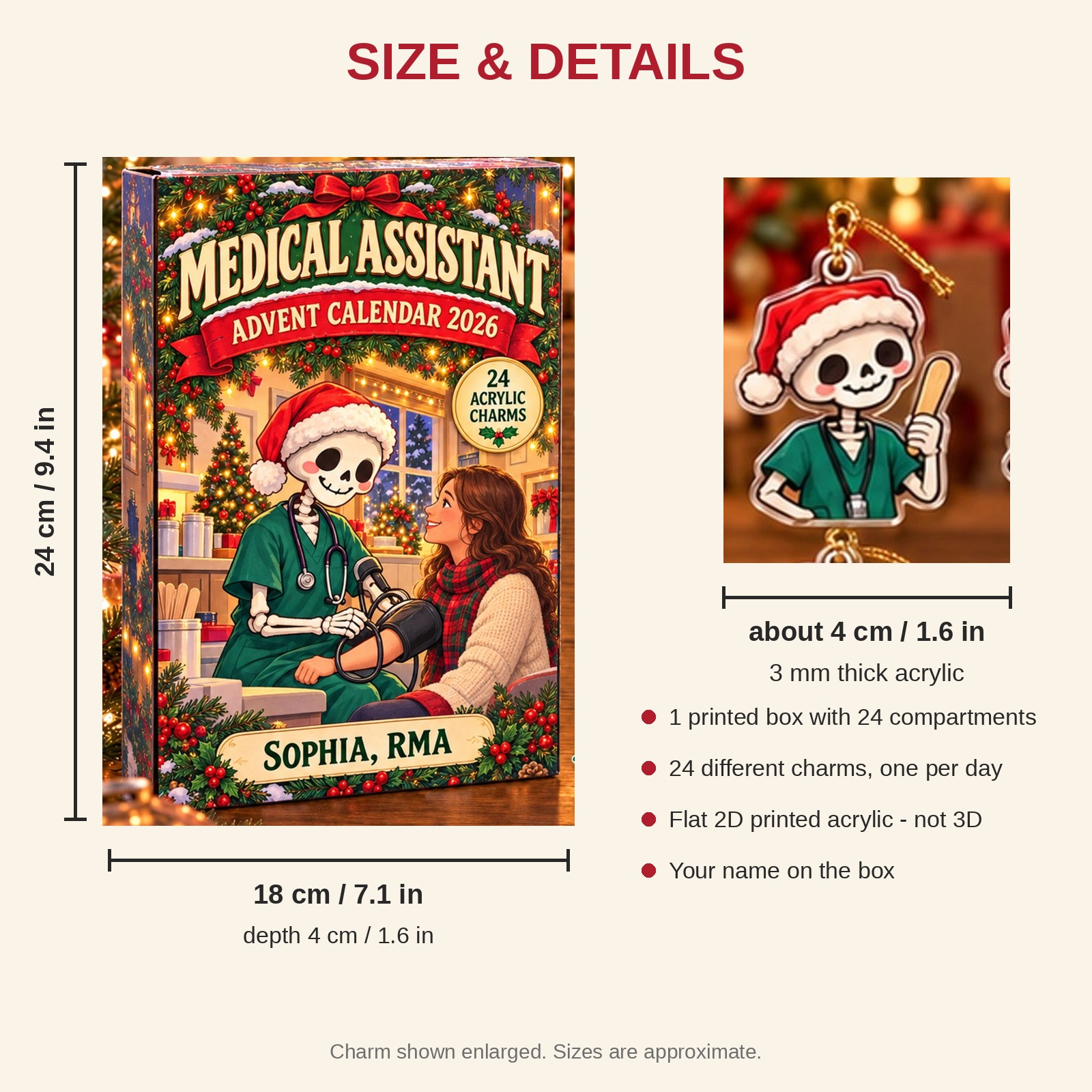 Personalized Medical Assistant Skeleton advent calendar box with 24 flat acrylic Christmas charms: box and charm sizes